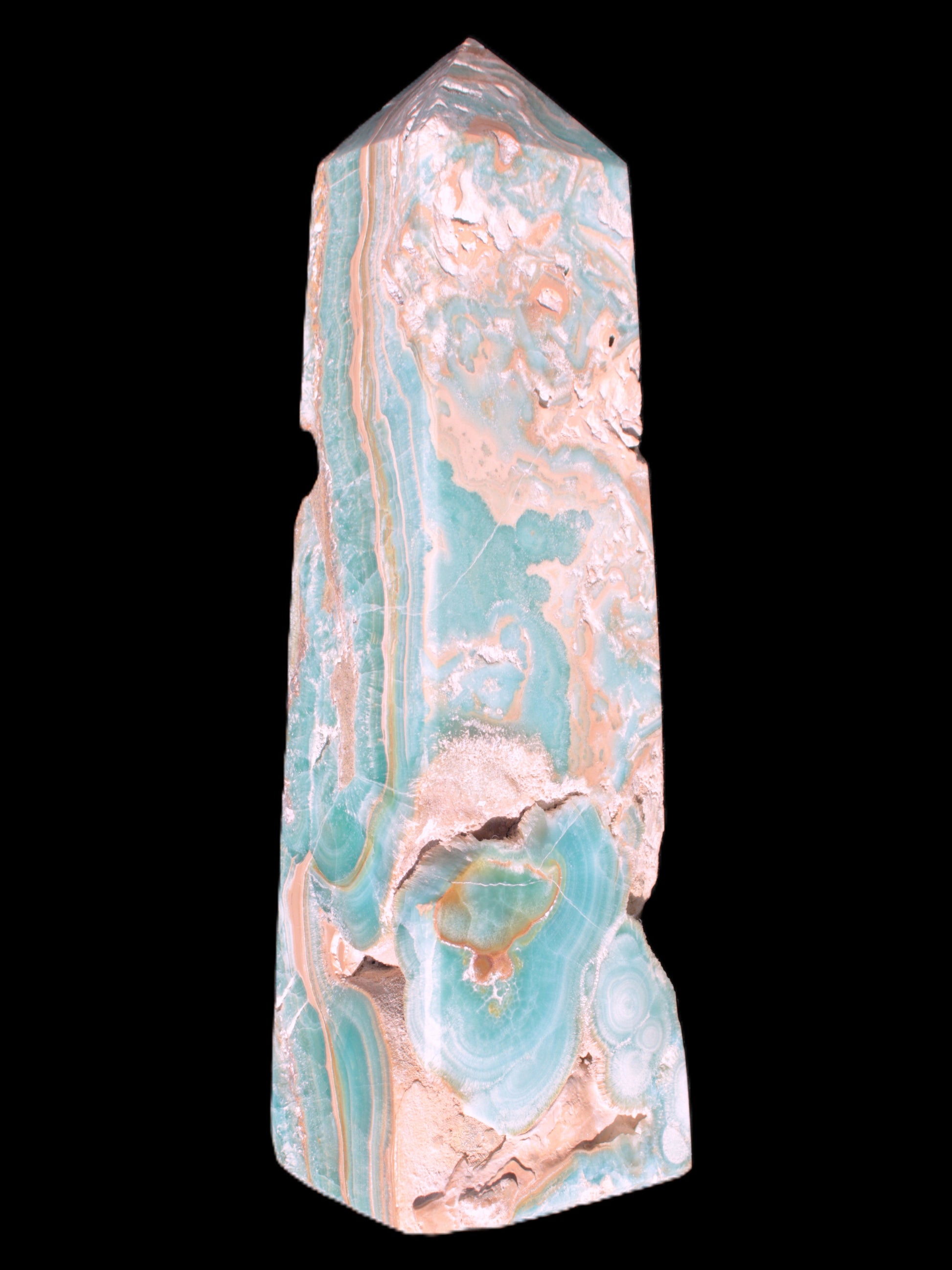 Caribbean Calcite obelisk 228*55*67mm 1554g in bright sunlight - Rocks and Things Store