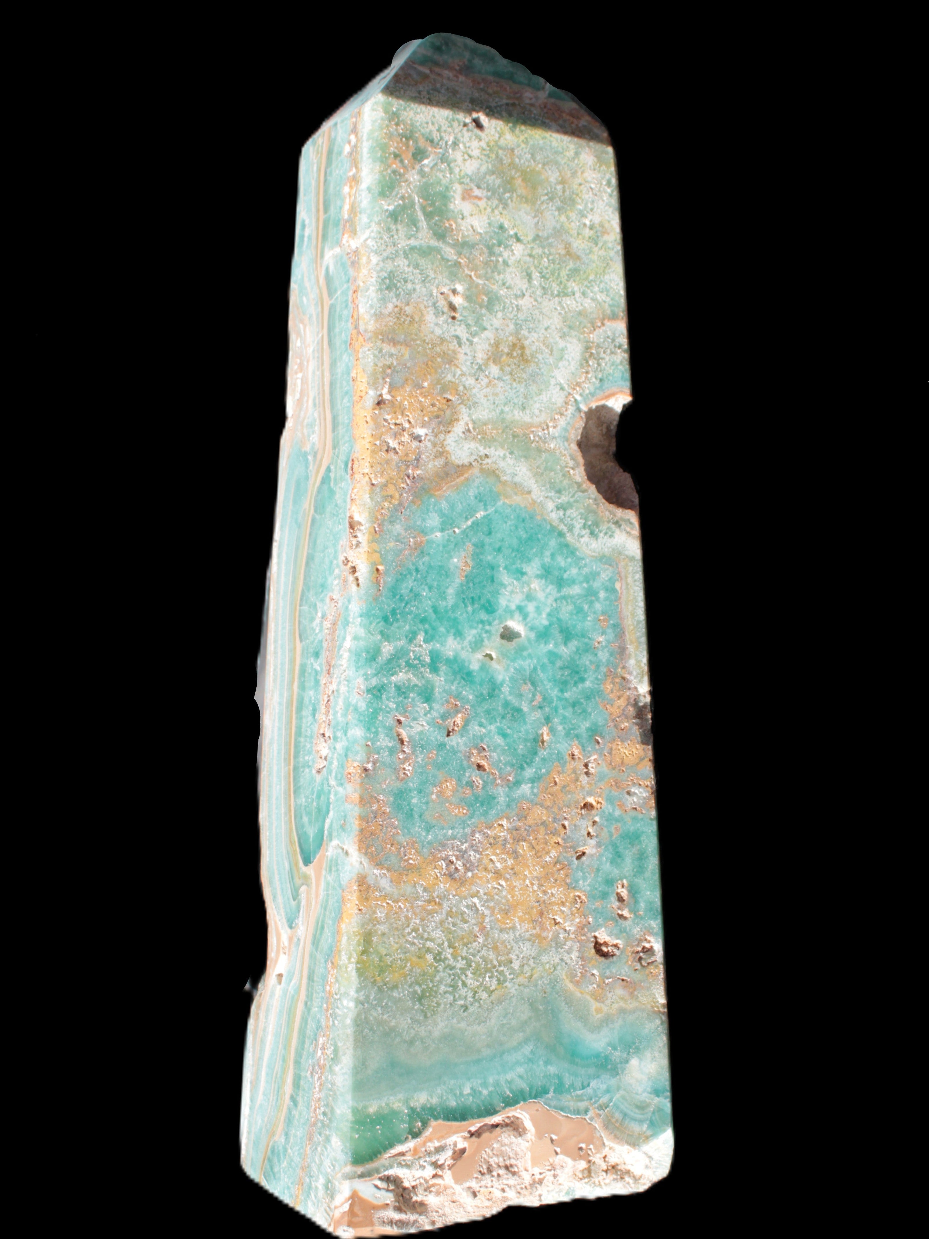 Caribbean Calcite obelisk 228*55*67mm 1554g in bright sunlight - Rocks and Things Store
