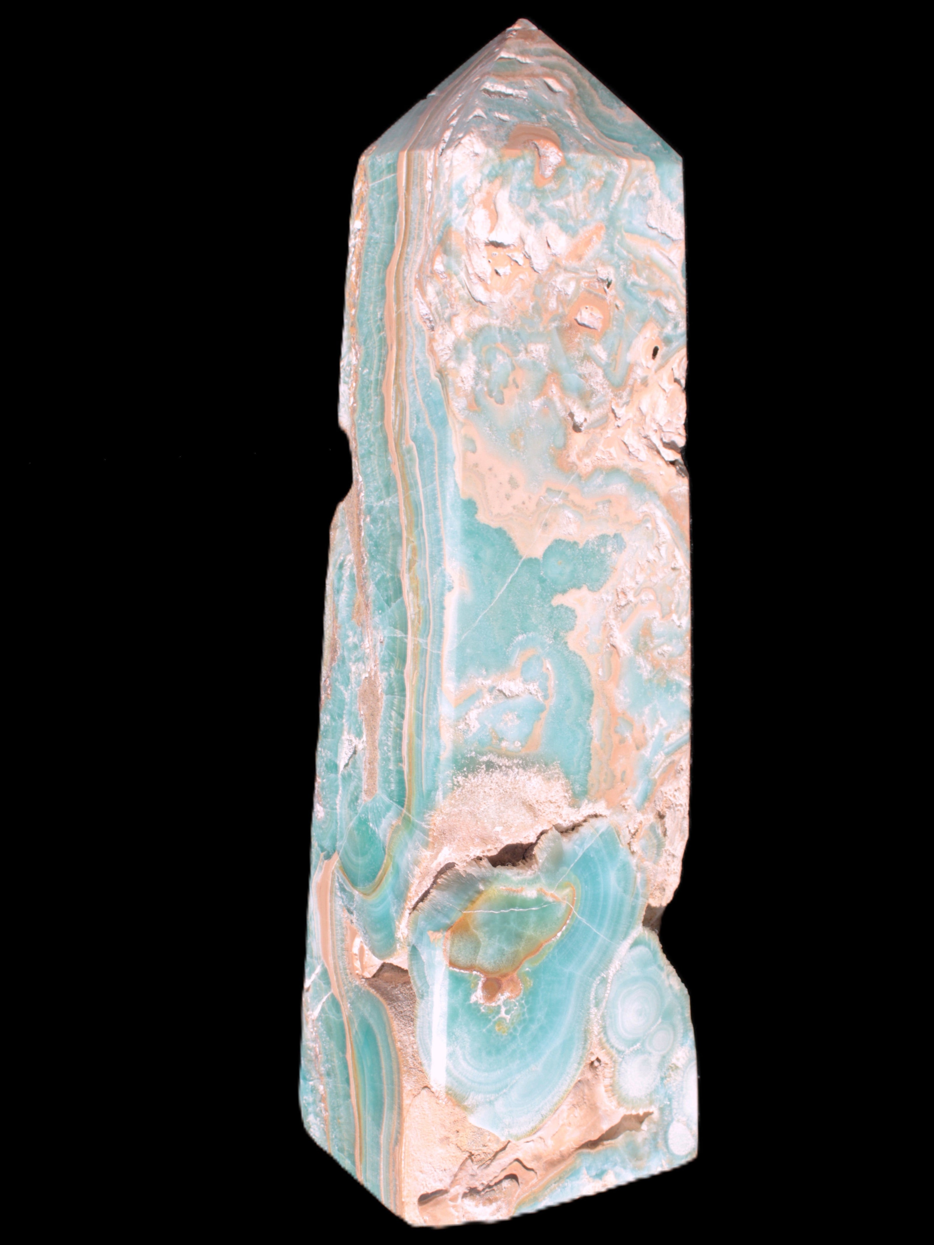 Caribbean Calcite obelisk 228*55*67mm 1554g in bright sunlight - Rocks and Things Store