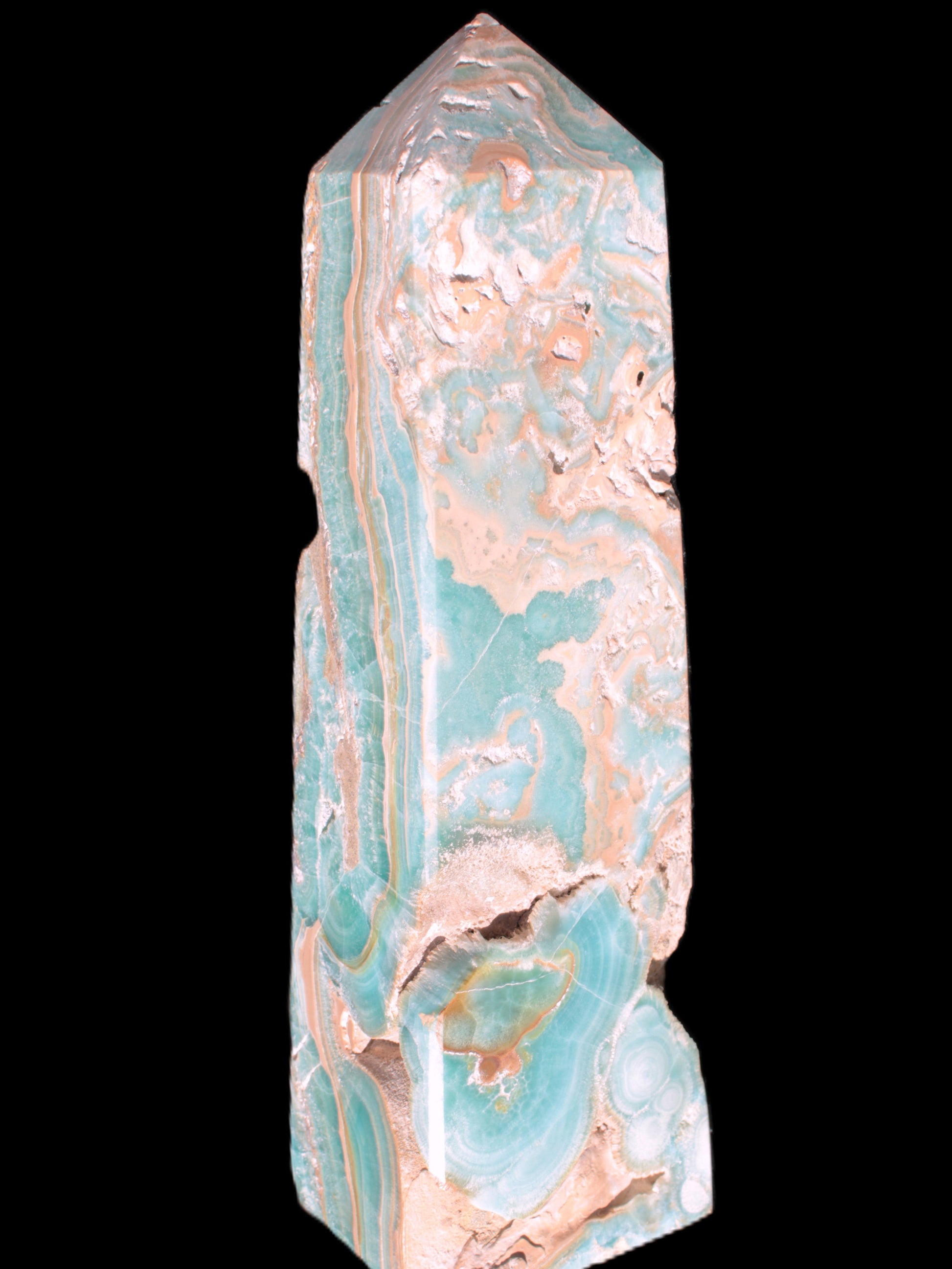 Caribbean Calcite obelisk 228*55*67mm 1554g in bright sunlight - Rocks and Things Store