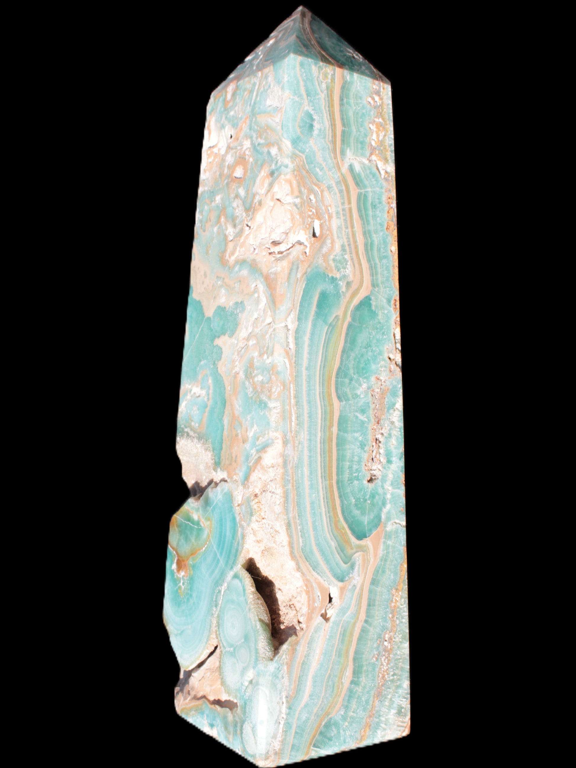 Caribbean Calcite obelisk 228*55*67mm 1554g in bright sunlight - Rocks and Things Store