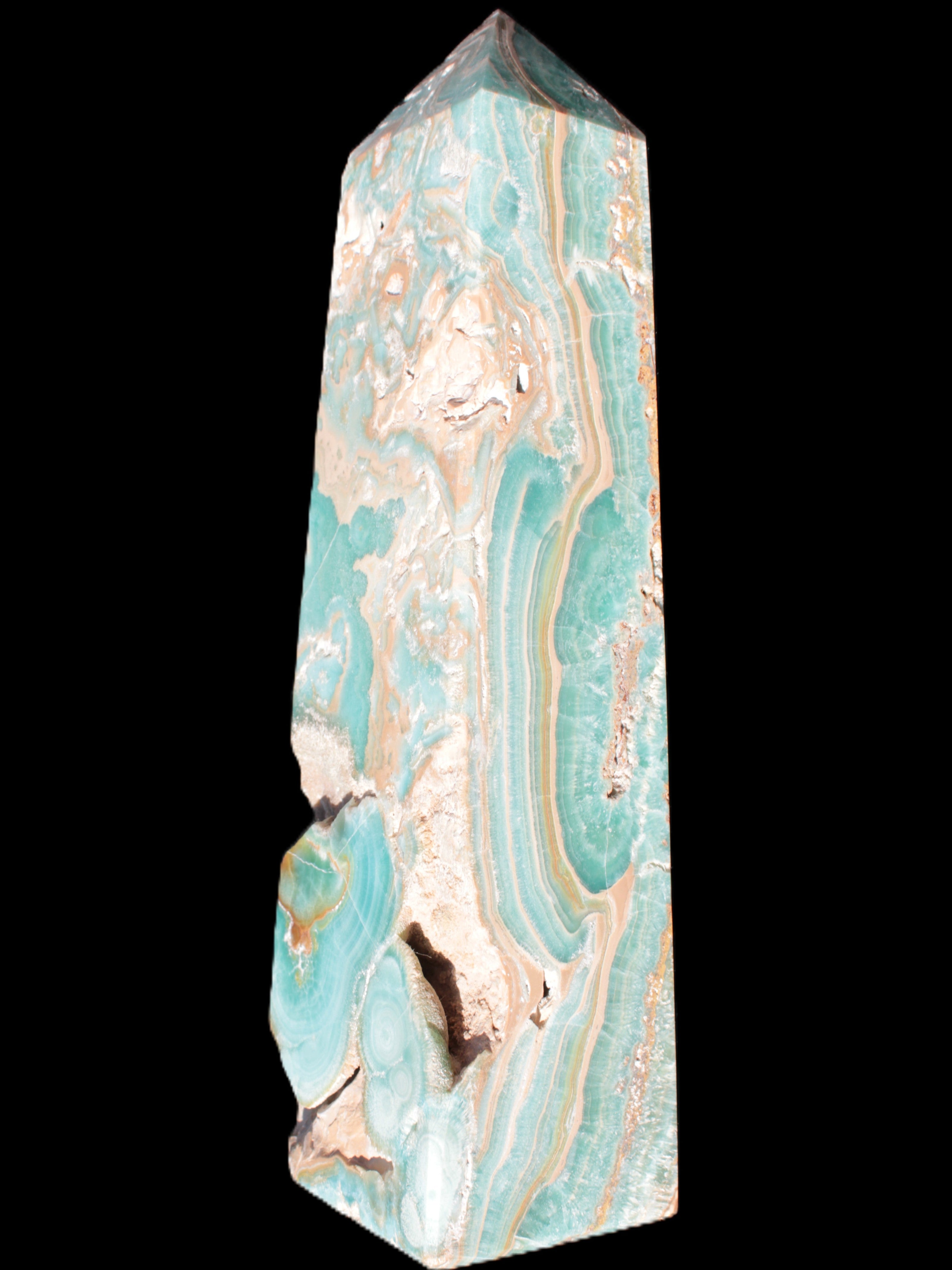 Caribbean Calcite obelisk 228*55*67mm 1554g in bright sunlight - Rocks and Things Store