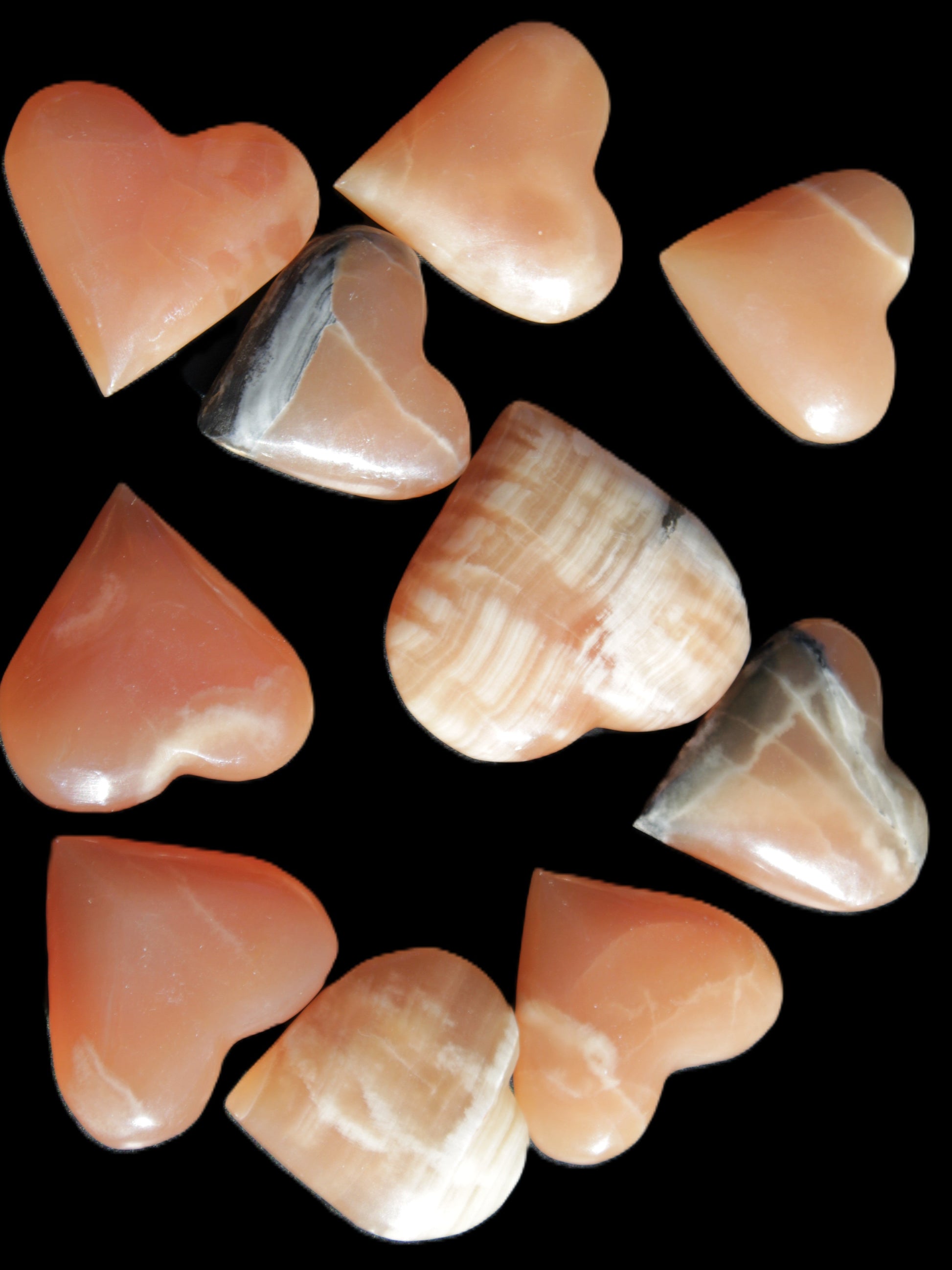 Ten Honey Calcite hearts selection 53-60mm 969g Wholesale Rocks and Things Store