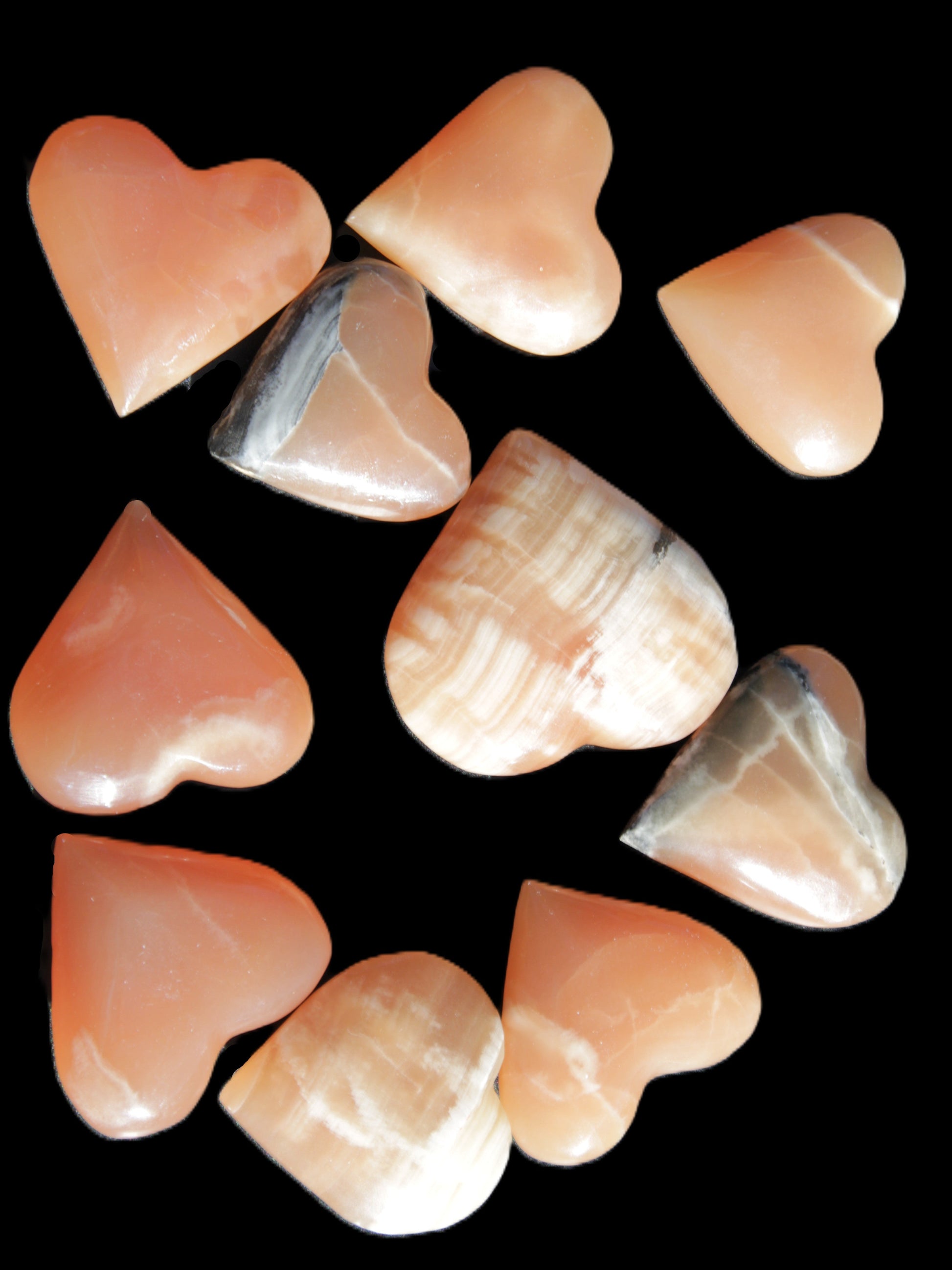 Ten Honey Calcite hearts selection 53-60mm 969g Wholesale Rocks and Things Store