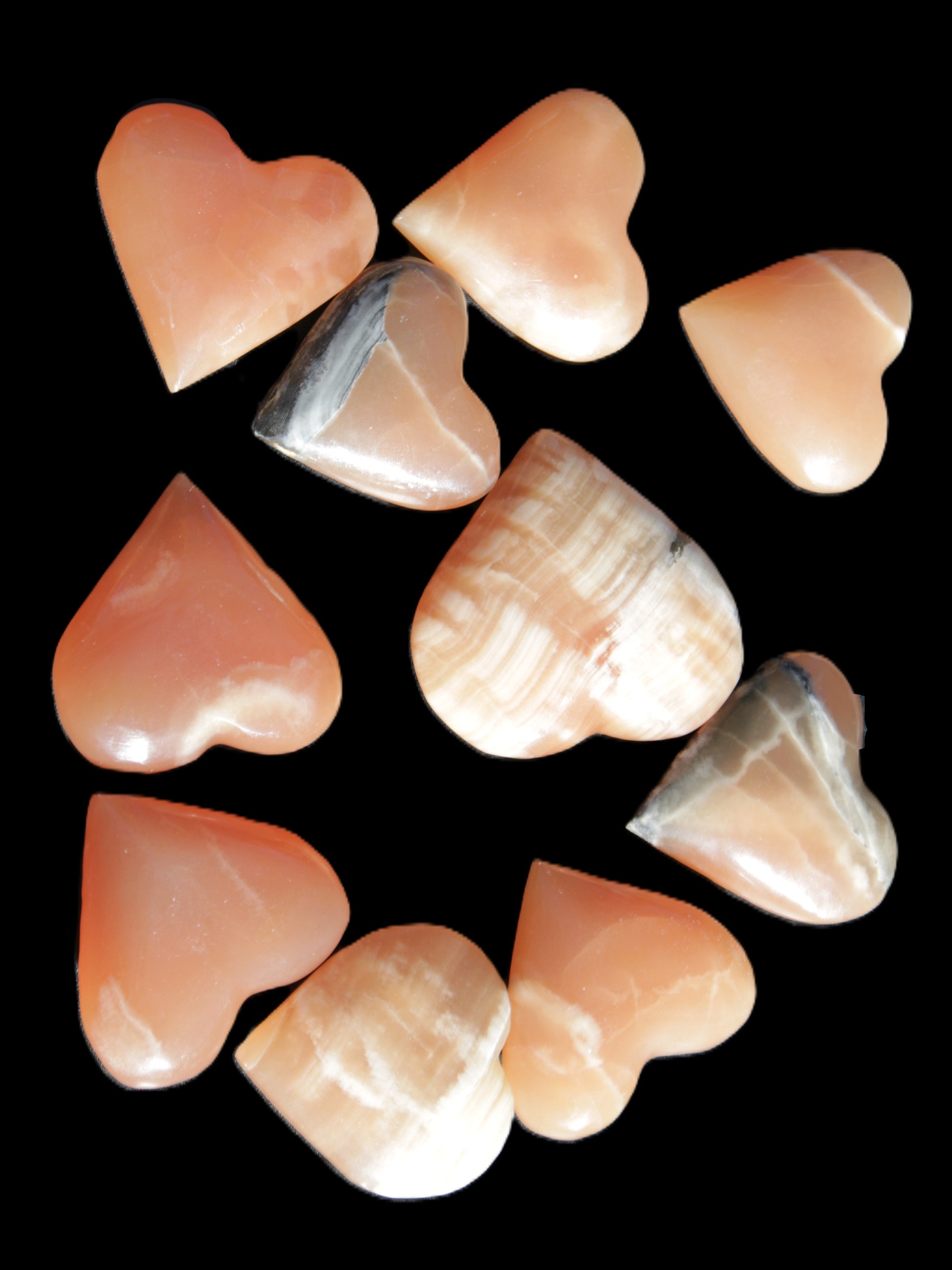 Ten Honey Calcite hearts selection 53-60mm 969g Wholesale Rocks and Things Store