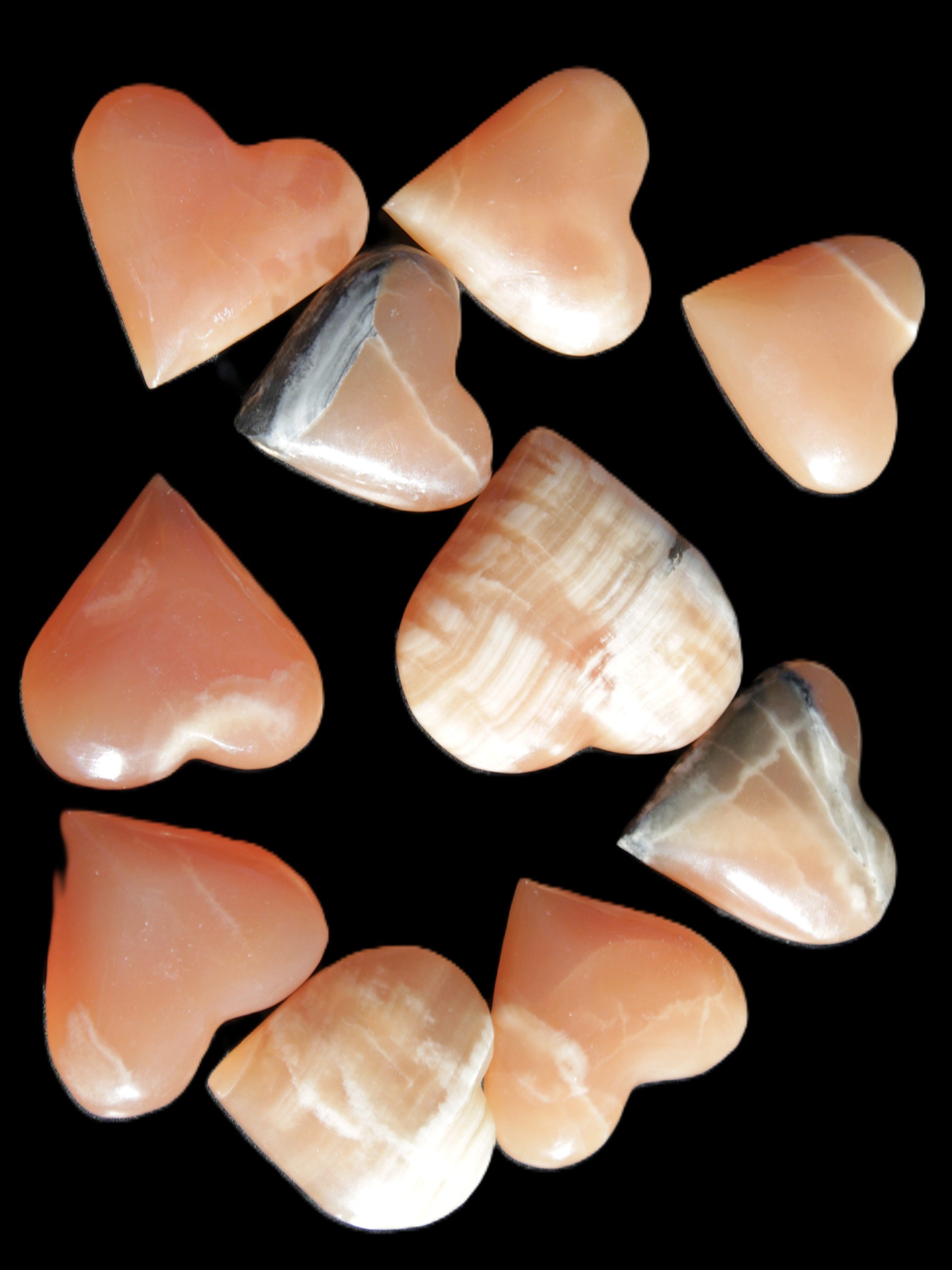 Ten Honey Calcite hearts selection 53-60mm 969g Wholesale Rocks and Things Store
