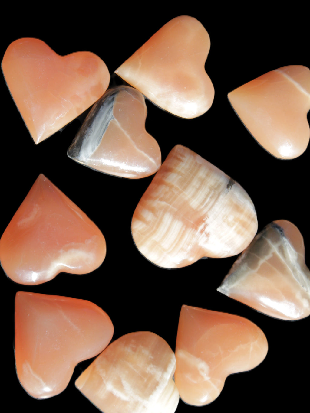 Ten Honey Calcite hearts selection 53-60mm 969g Wholesale Rocks and Things Store