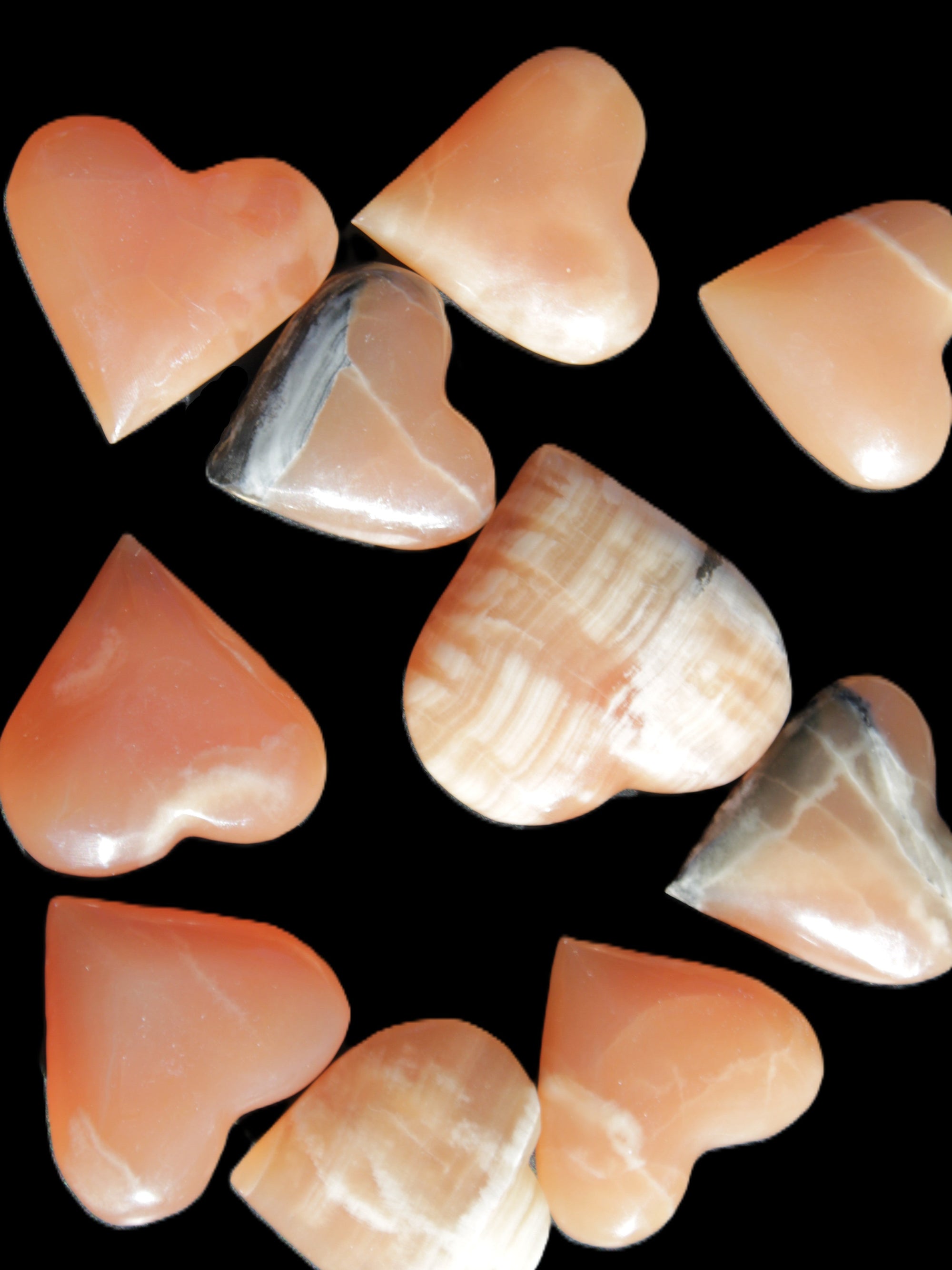 Ten Honey Calcite hearts selection 53-60mm 969g Wholesale Rocks and Things Store