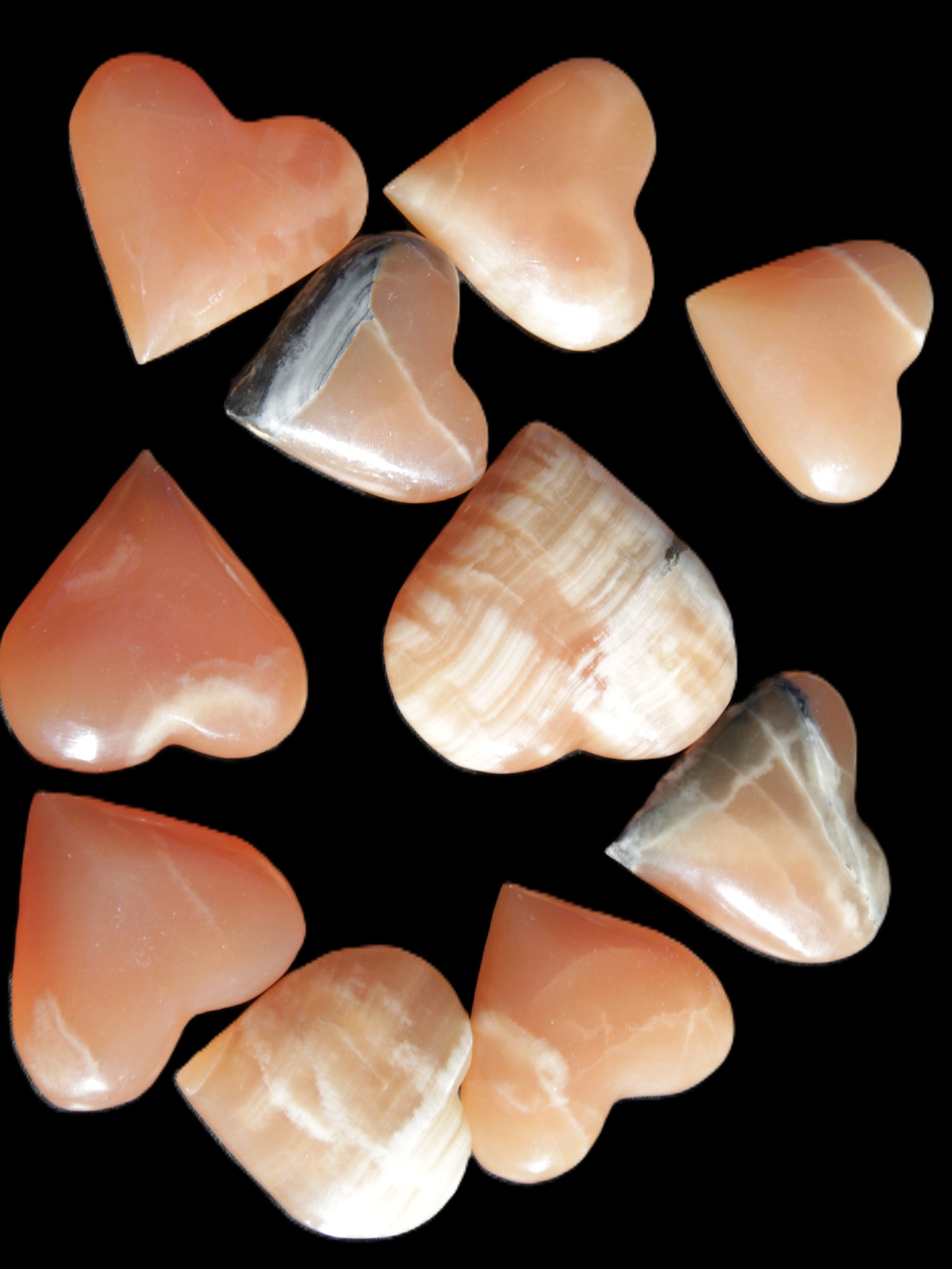 Ten Honey Calcite hearts selection 53-60mm 969g Wholesale Rocks and Things Store