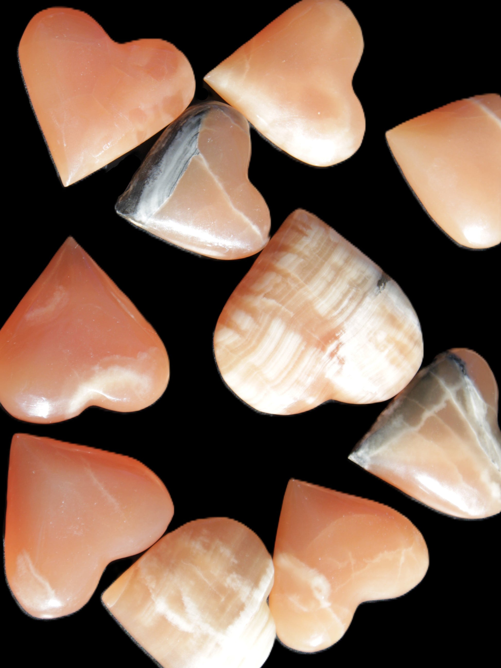 Ten Honey Calcite hearts selection 53-60mm 969g Wholesale Rocks and Things Store