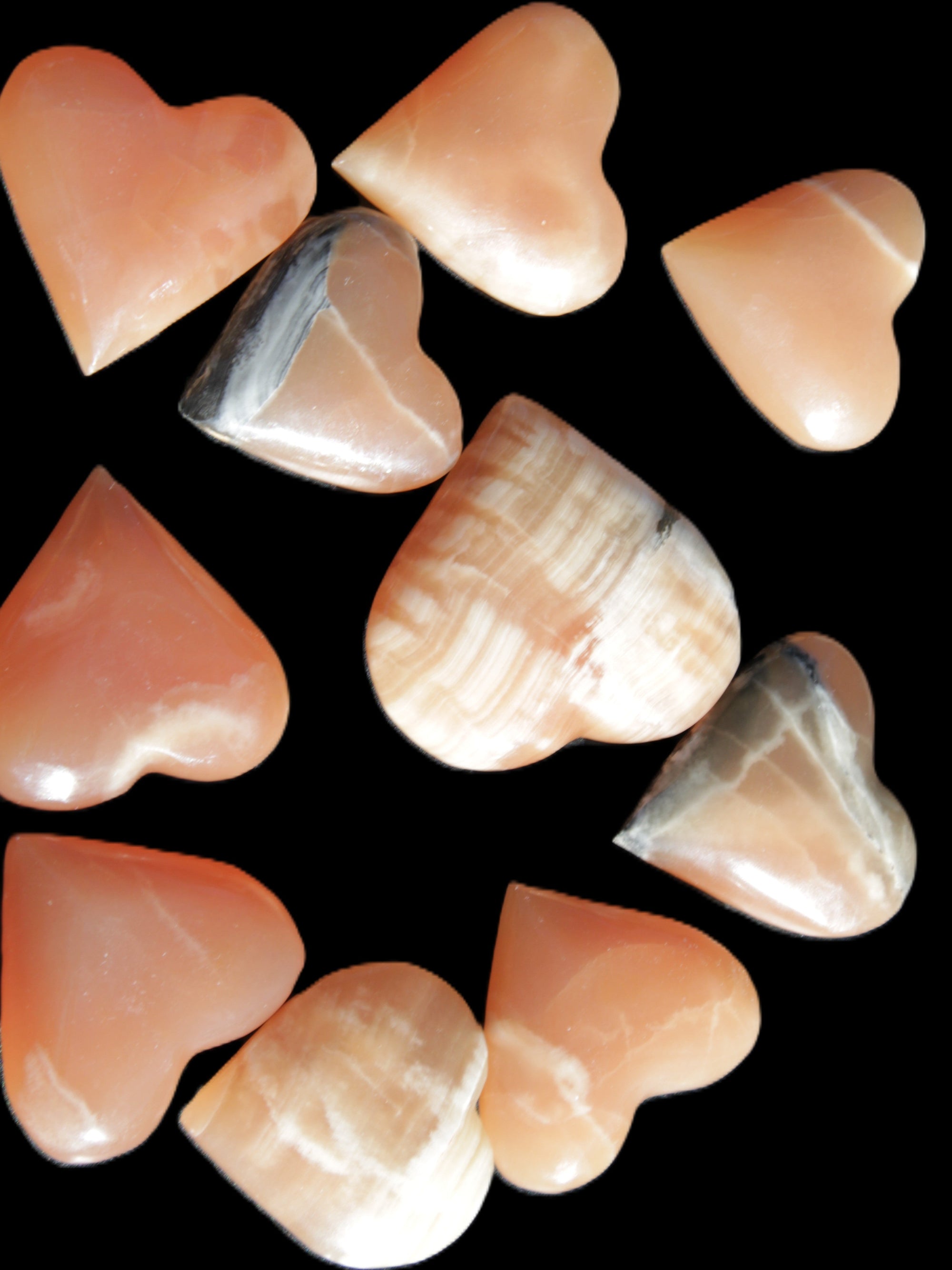 Ten Honey Calcite hearts selection 53-60mm 969g Wholesale Rocks and Things Store