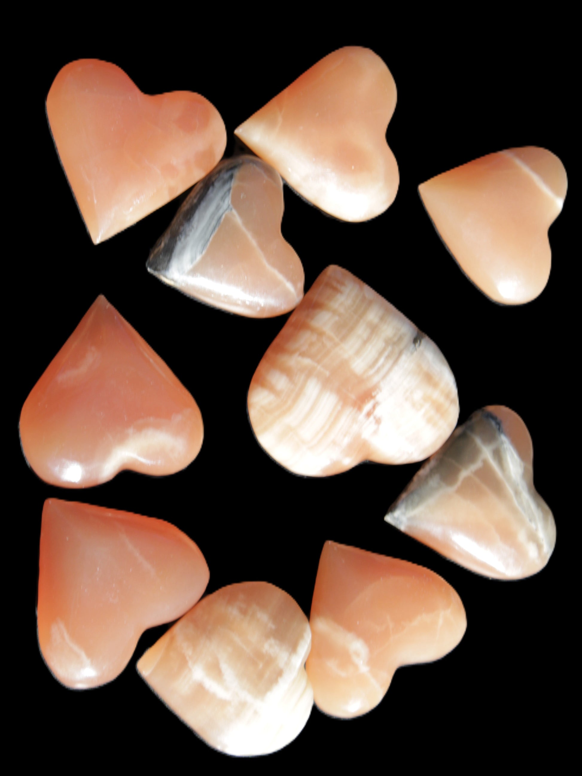 Ten Honey Calcite hearts selection 53-60mm 969g Wholesale Rocks and Things Store
