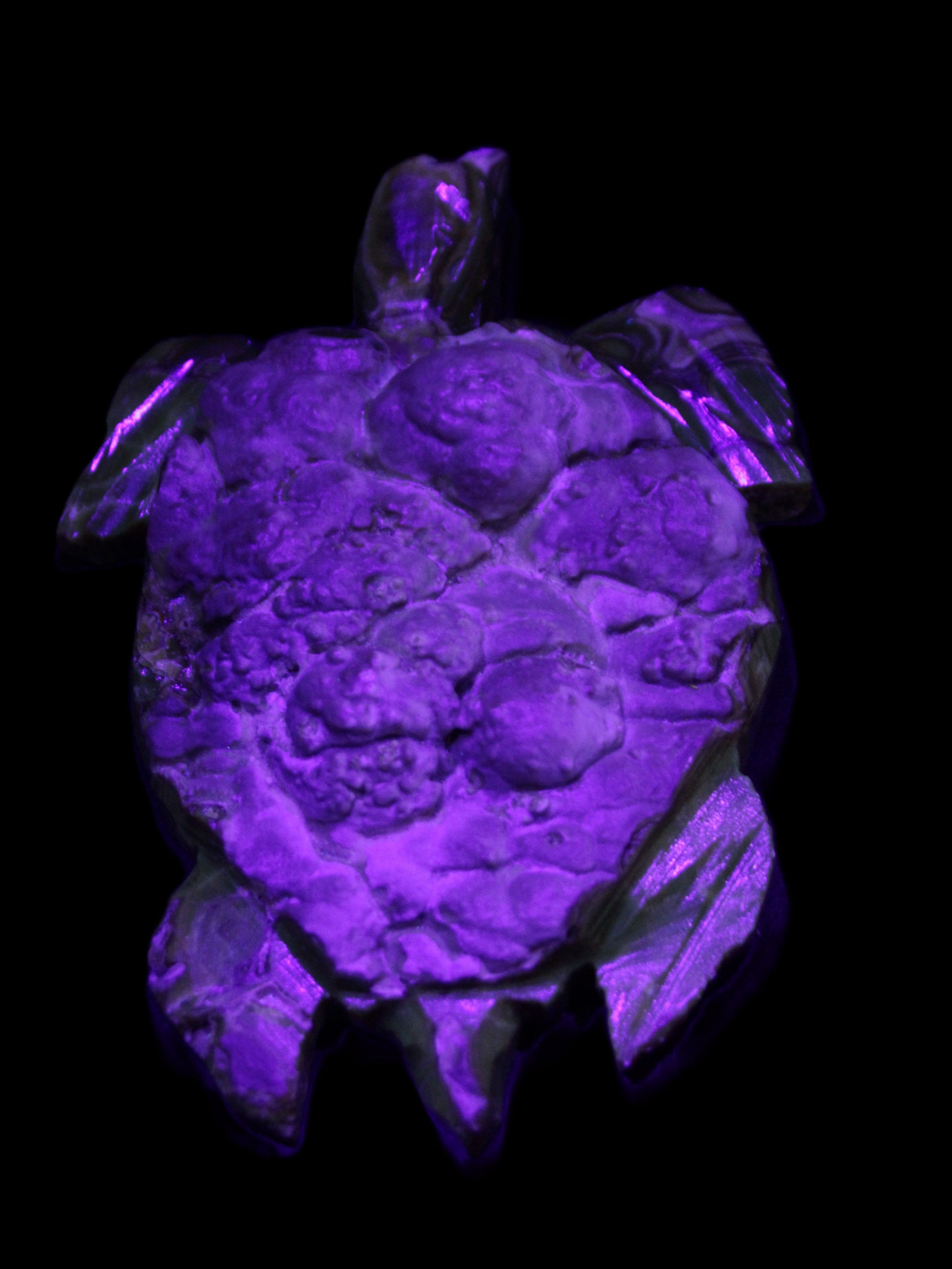 Chocolate Calcite hand-carved tortoise 130mm*21*90mm 264.8g in UV light - Rocks and Things Store