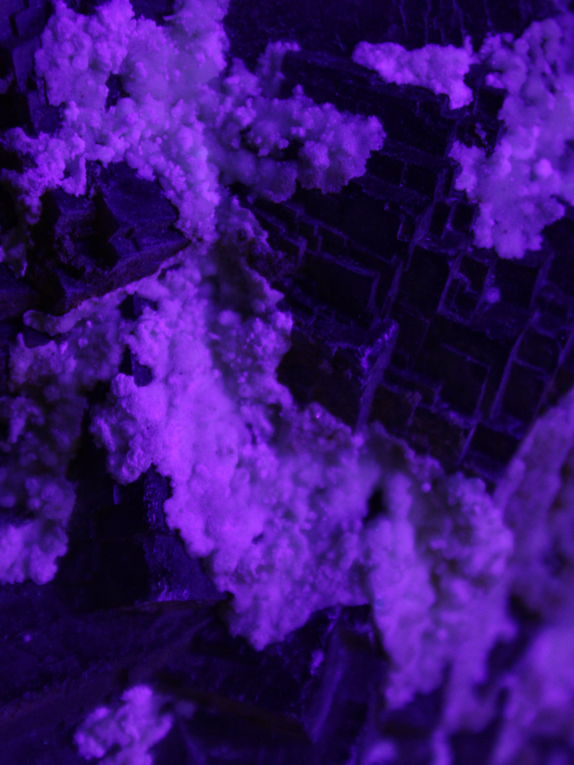 Complex stepped Fluorite cluster 173*141*85mm 2772g in UV light - Rocks and Things Store