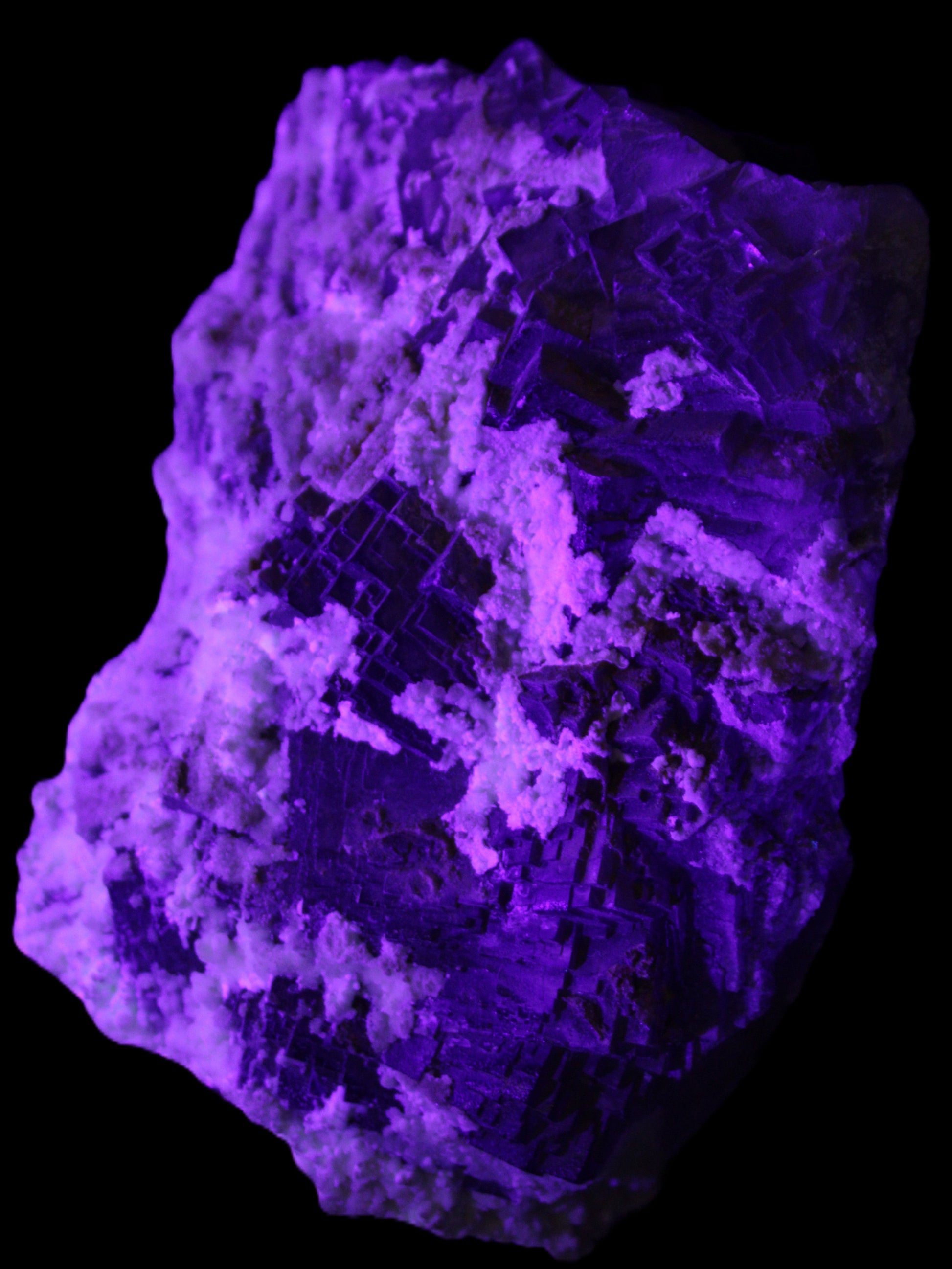 Complex stepped Fluorite cluster 173*141*85mm 2772g in UV light - Rocks and Things Store
