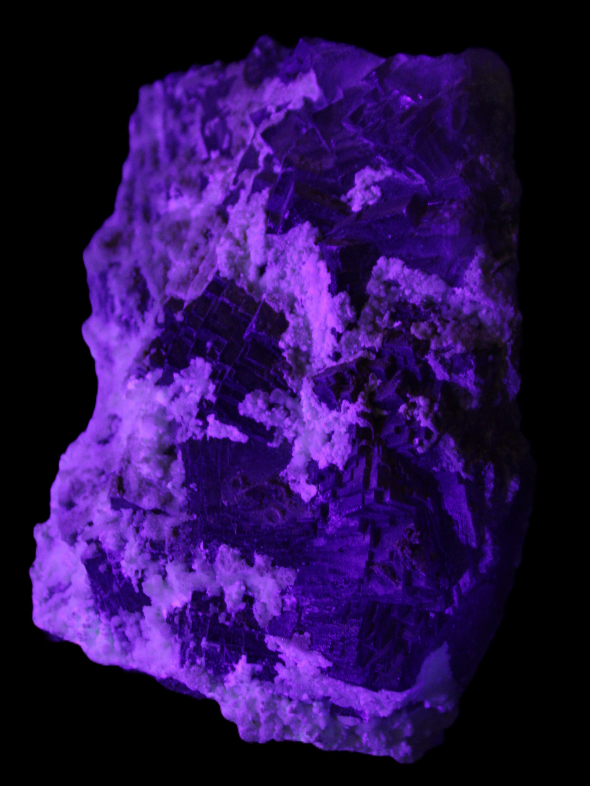 Complex stepped Fluorite cluster 173*141*85mm 2772g in UV light - Rocks and Things Store