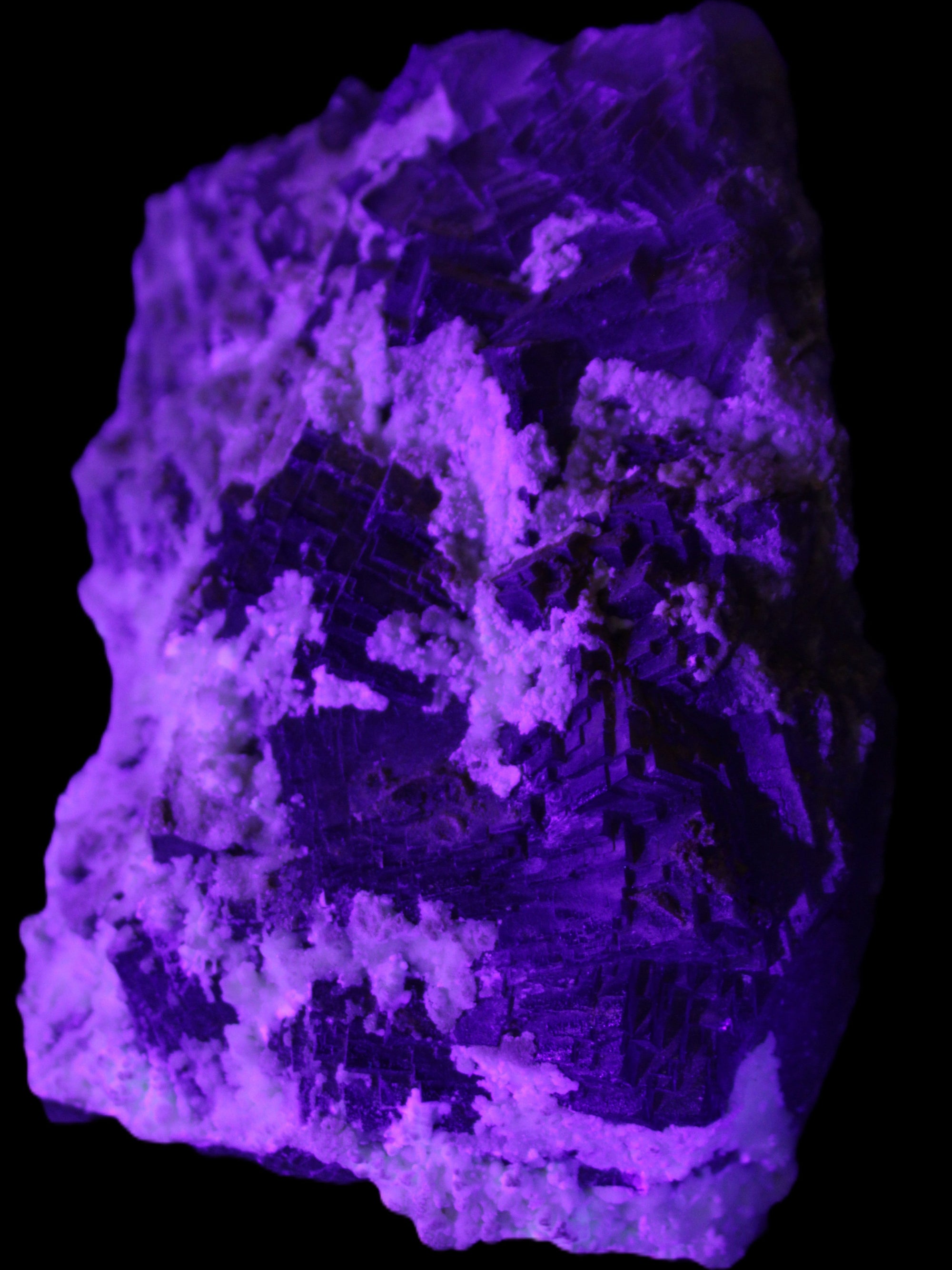 Complex stepped Fluorite cluster 173*141*85mm 2772g in UV light - Rocks and Things Store