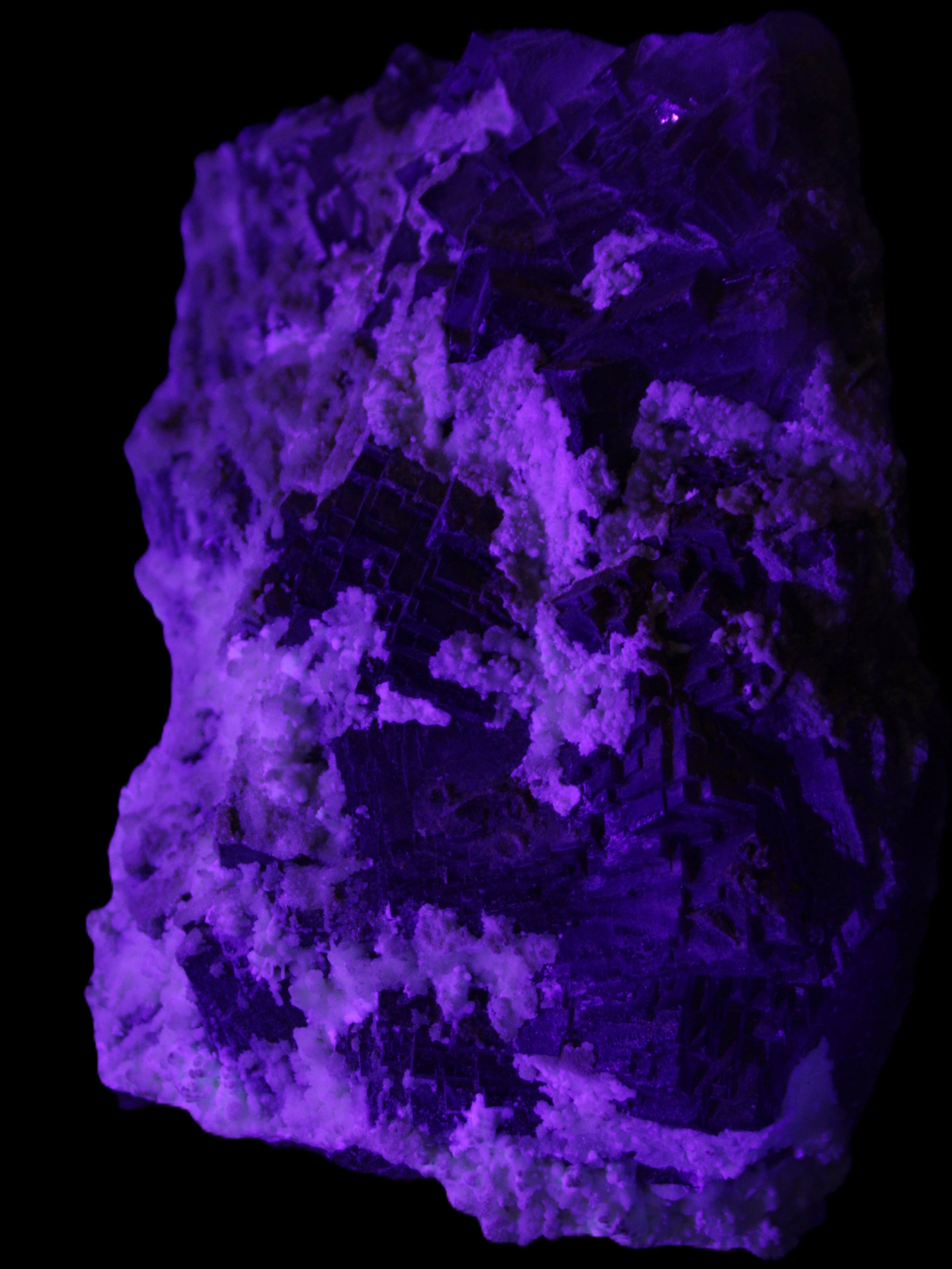 Complex stepped Fluorite cluster 173*141*85mm 2772g in UV light - Rocks and Things Store