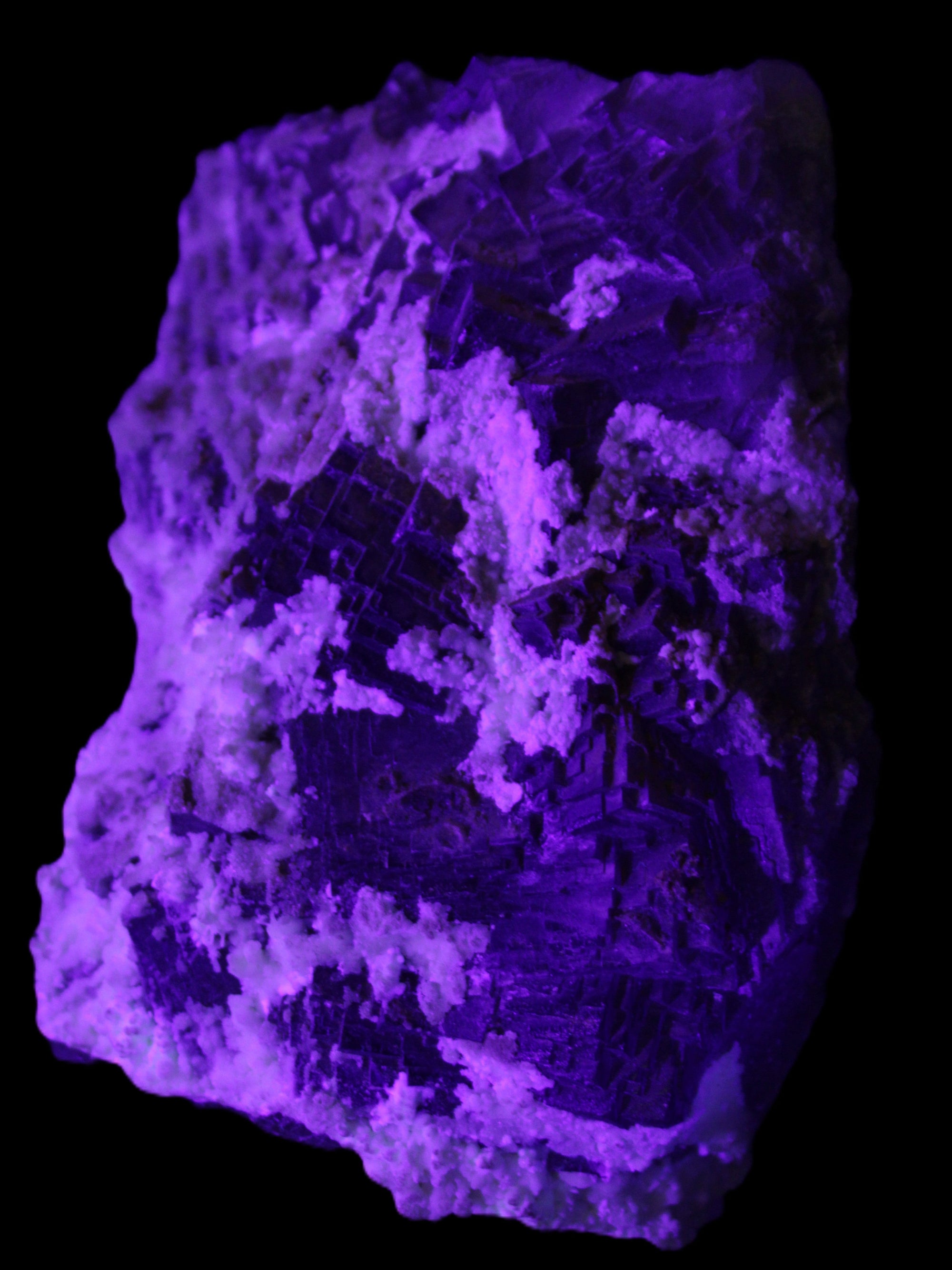 Complex stepped Fluorite cluster 173*141*85mm 2772g in UV light - Rocks and Things Store