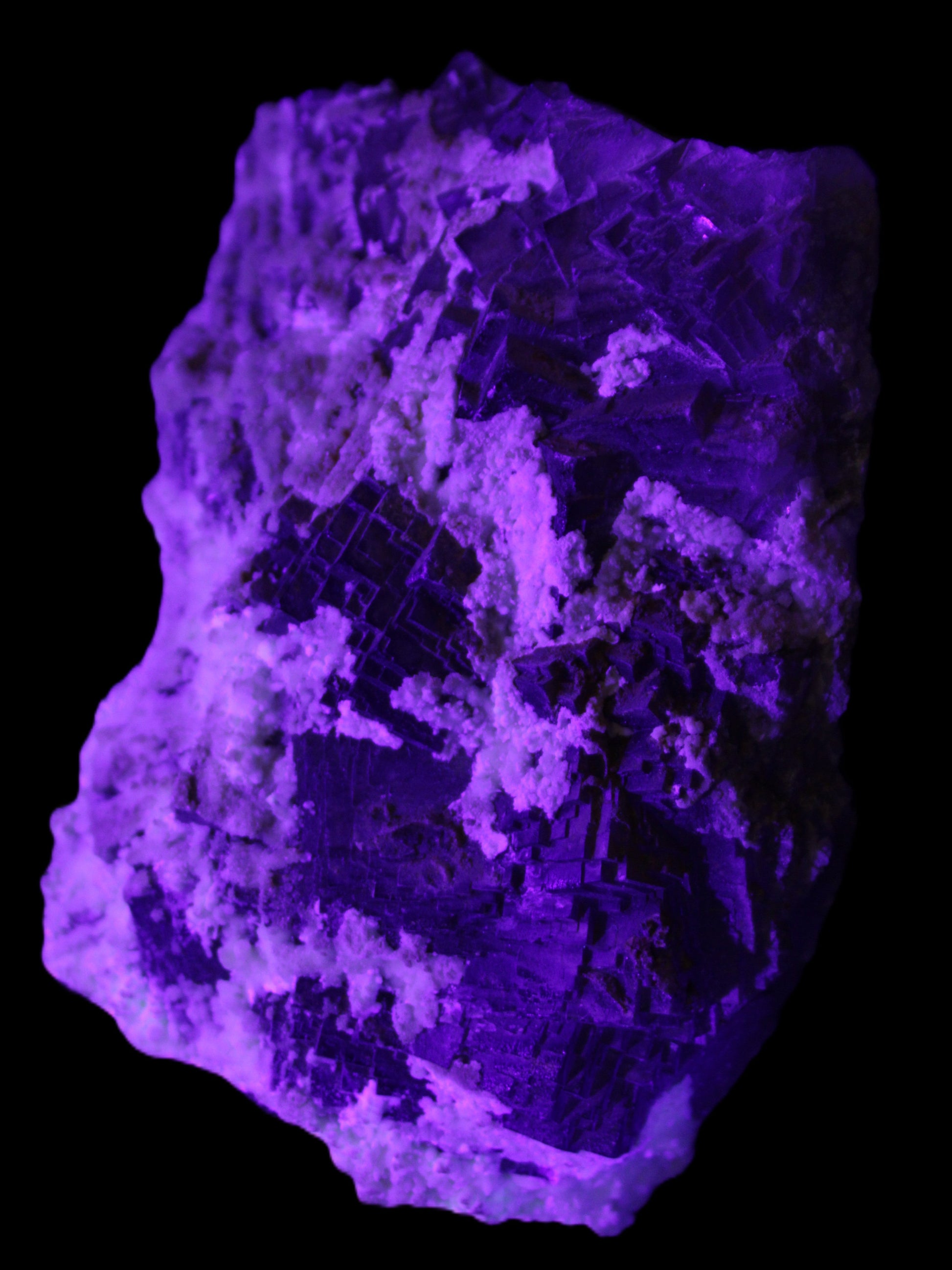 Complex stepped Fluorite cluster 173*141*85mm 2772g in UV light - Rocks and Things Store