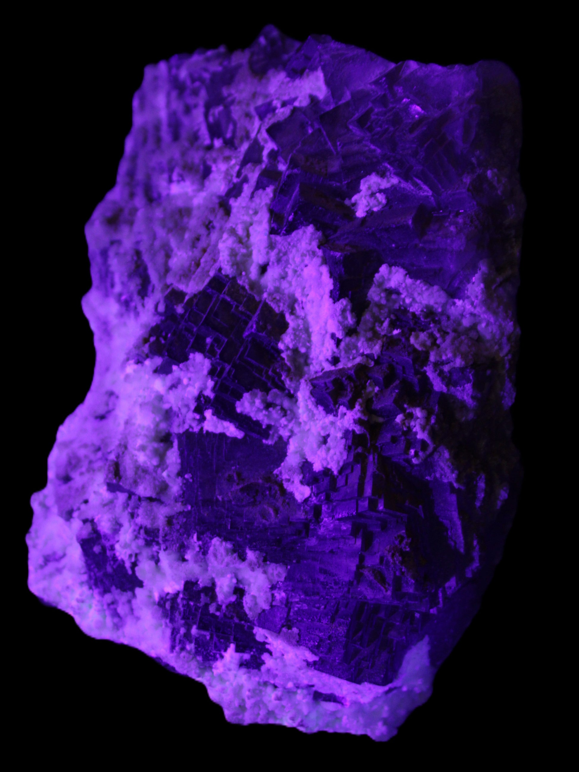 Complex stepped Fluorite cluster 173*141*85mm 2772g in UV light - Rocks and Things Store