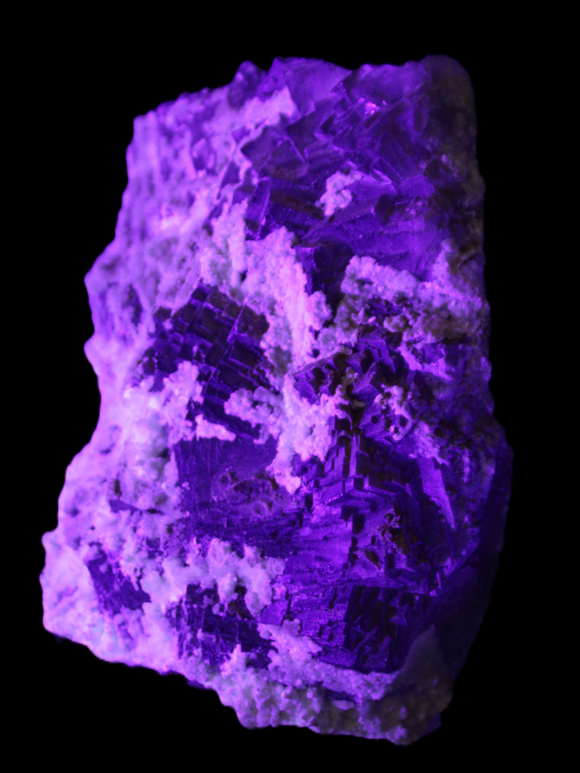 Complex stepped Fluorite cluster 173*141*85mm 2772g in UV light - Rocks and Things Store