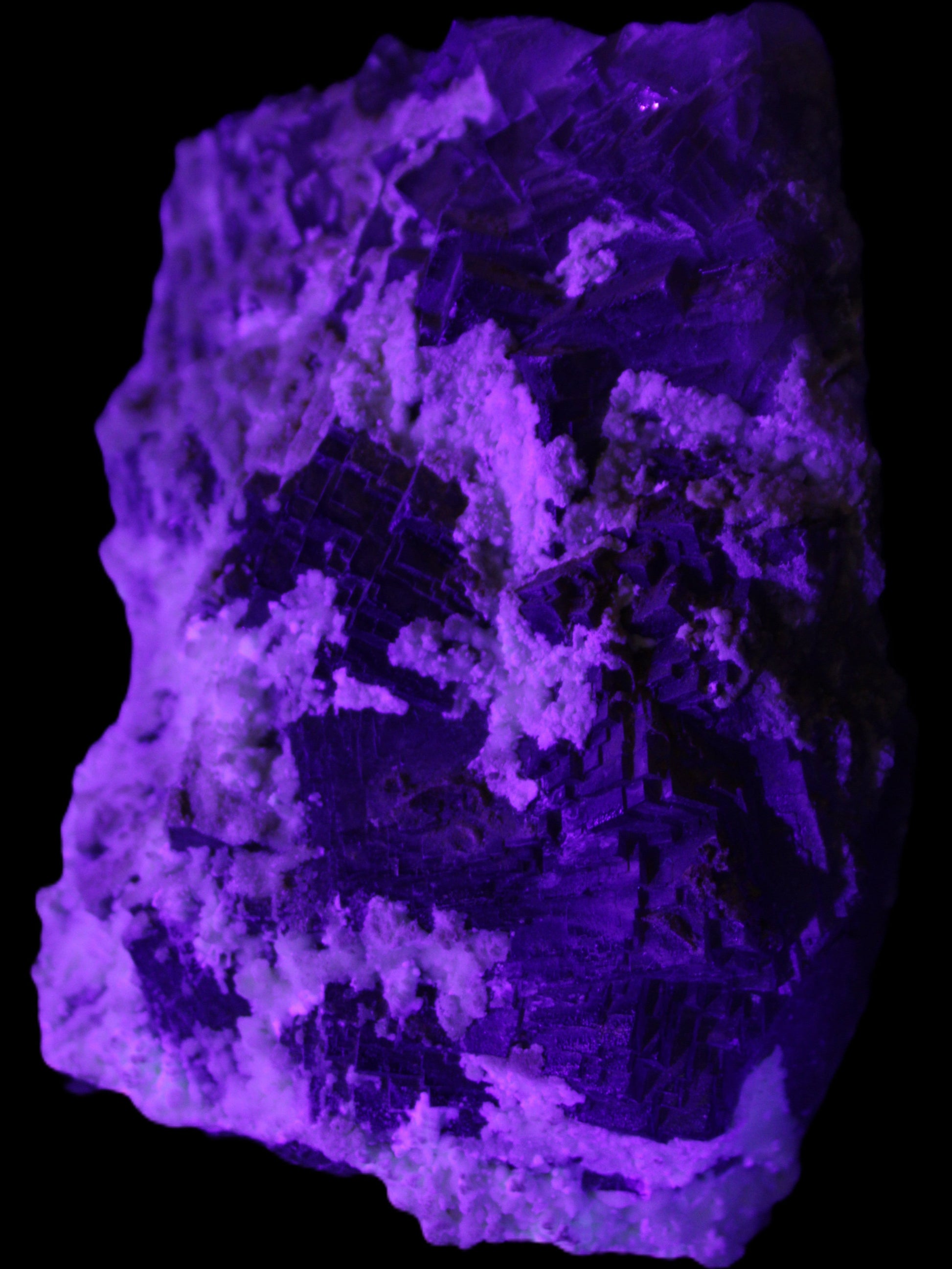 Complex stepped Fluorite cluster 173*141*85mm 2772g in UV light - Rocks and Things Store