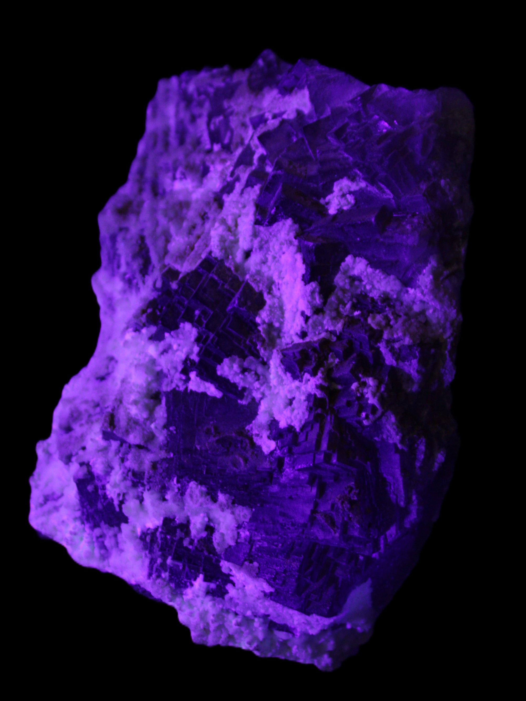 Complex stepped Fluorite cluster 173*141*85mm 2772g in UV light - Rocks and Things Store