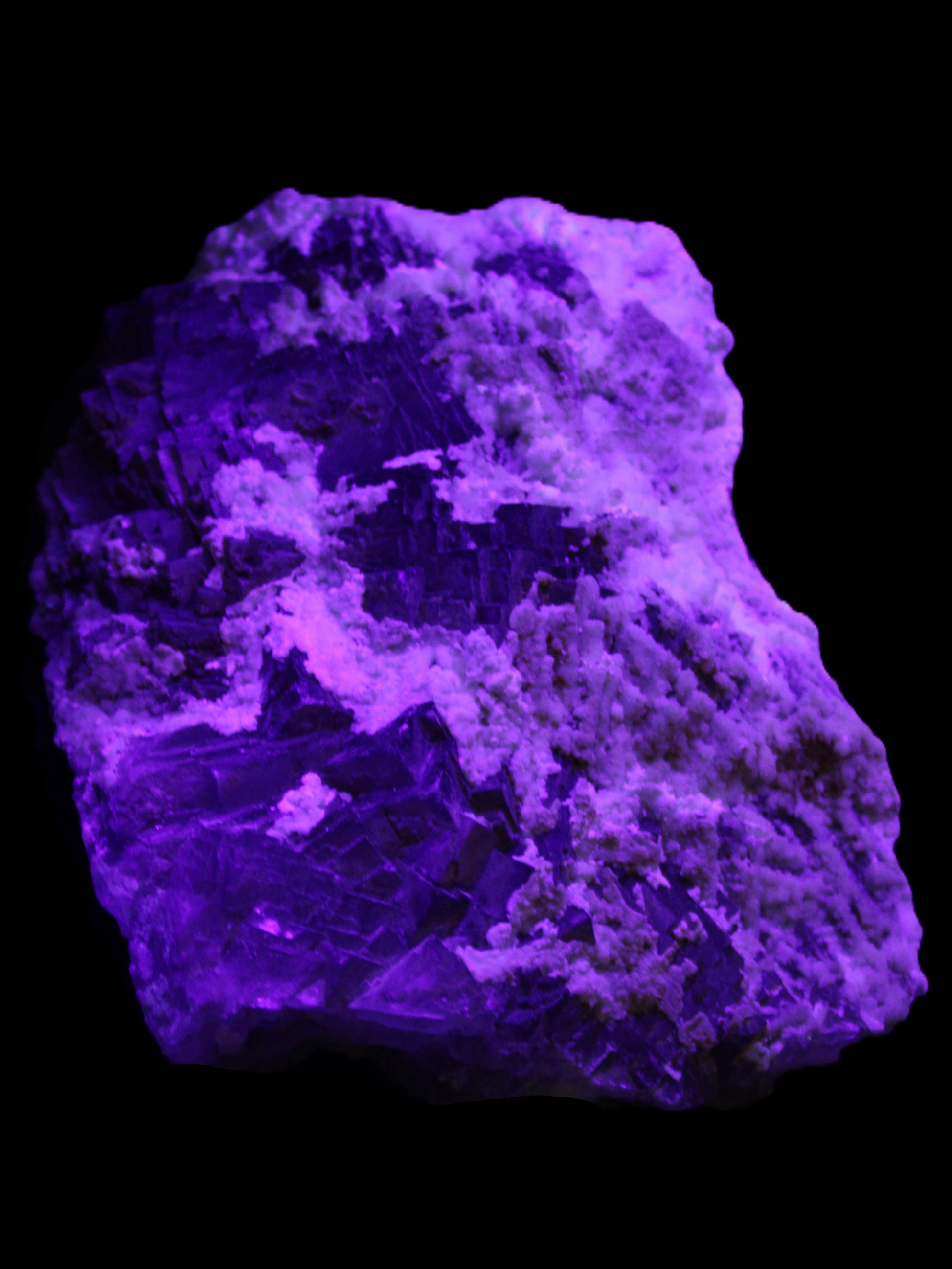 Complex stepped Fluorite cluster 173*141*85mm 2772g in UV light - Rocks and Things Store