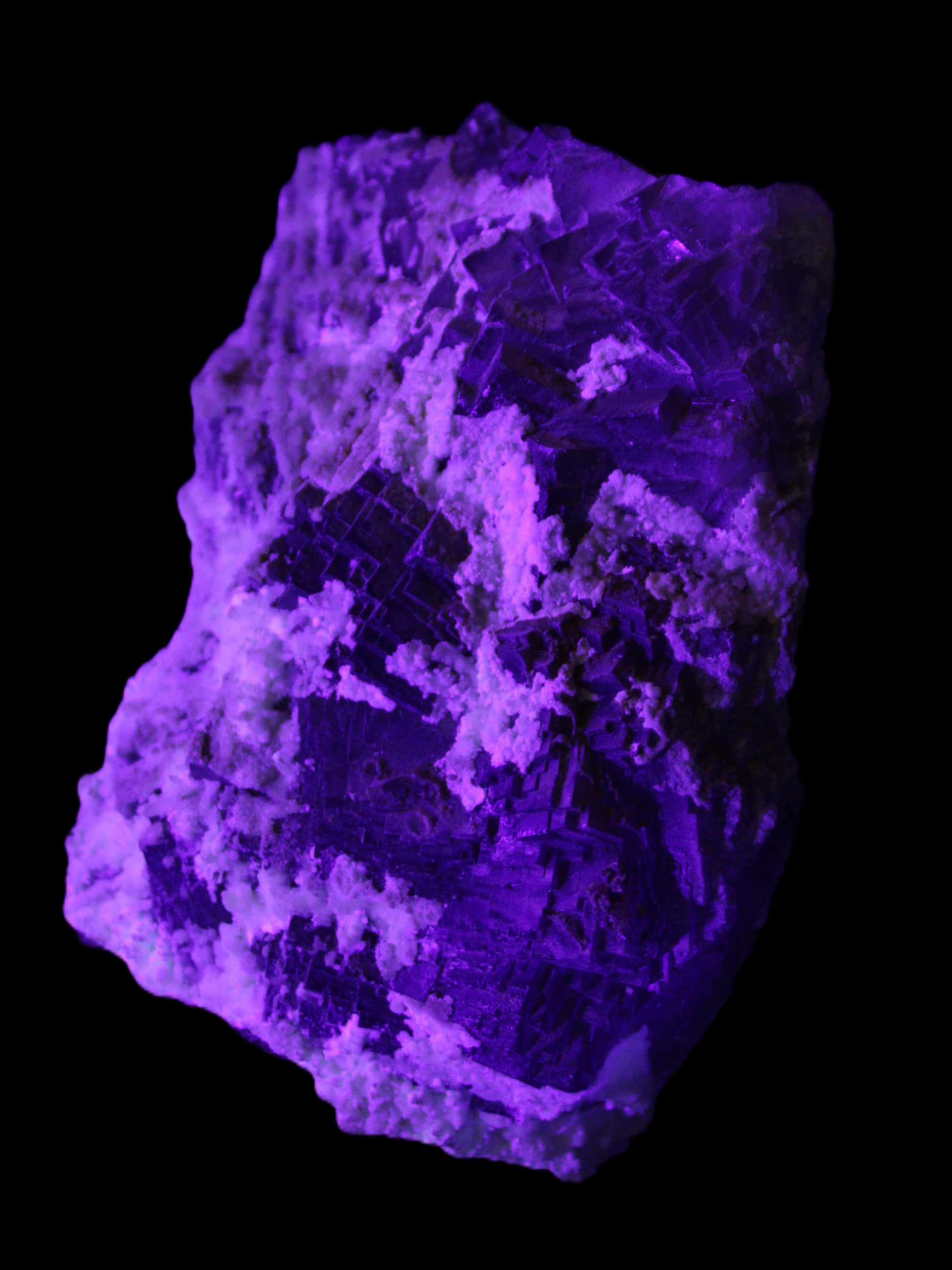 Complex stepped Fluorite cluster 173*141*85mm 2772g in UV light - Rocks and Things Store
