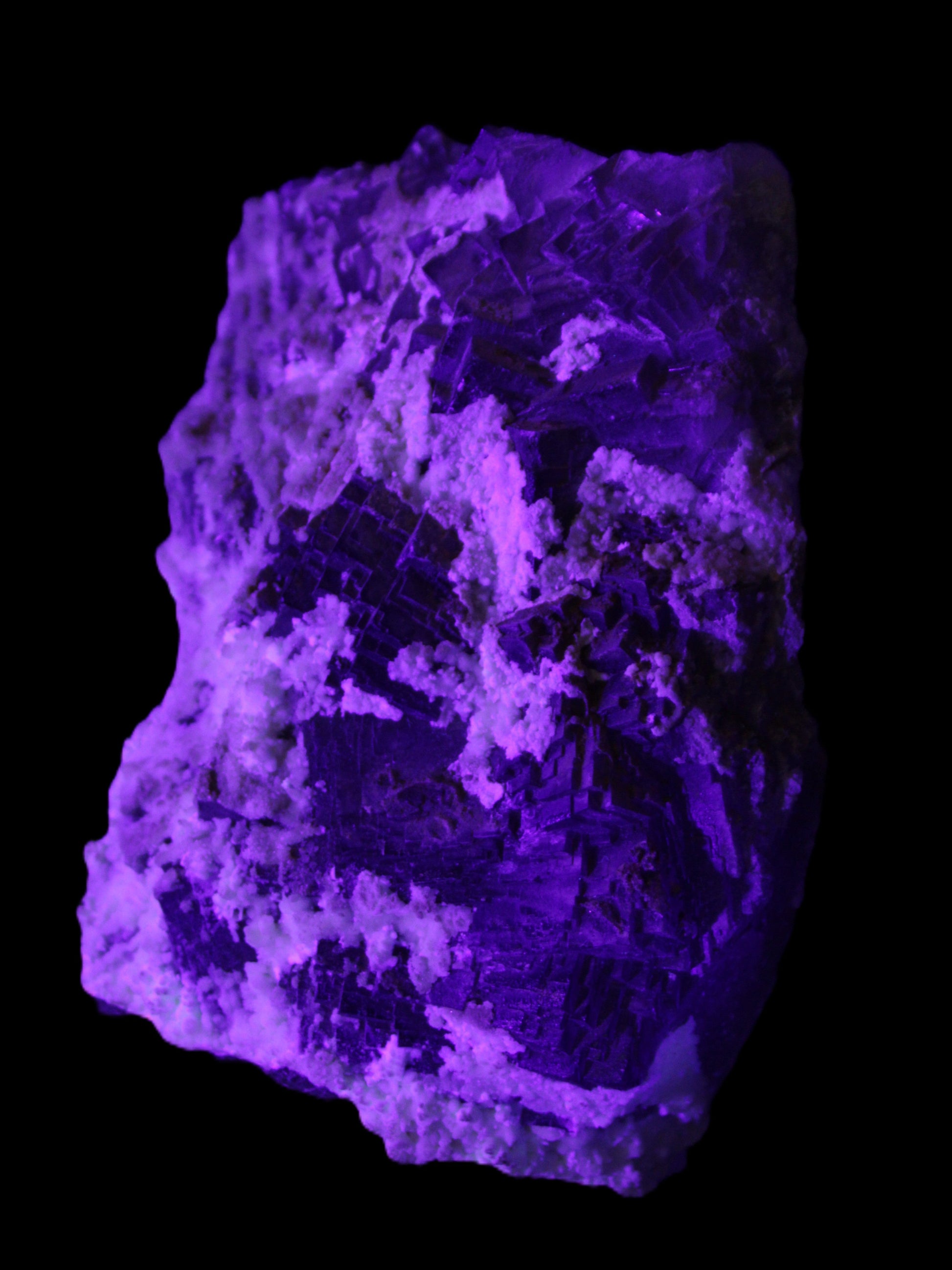 Complex stepped Fluorite cluster 173*141*85mm 2772g in UV light - Rocks and Things Store