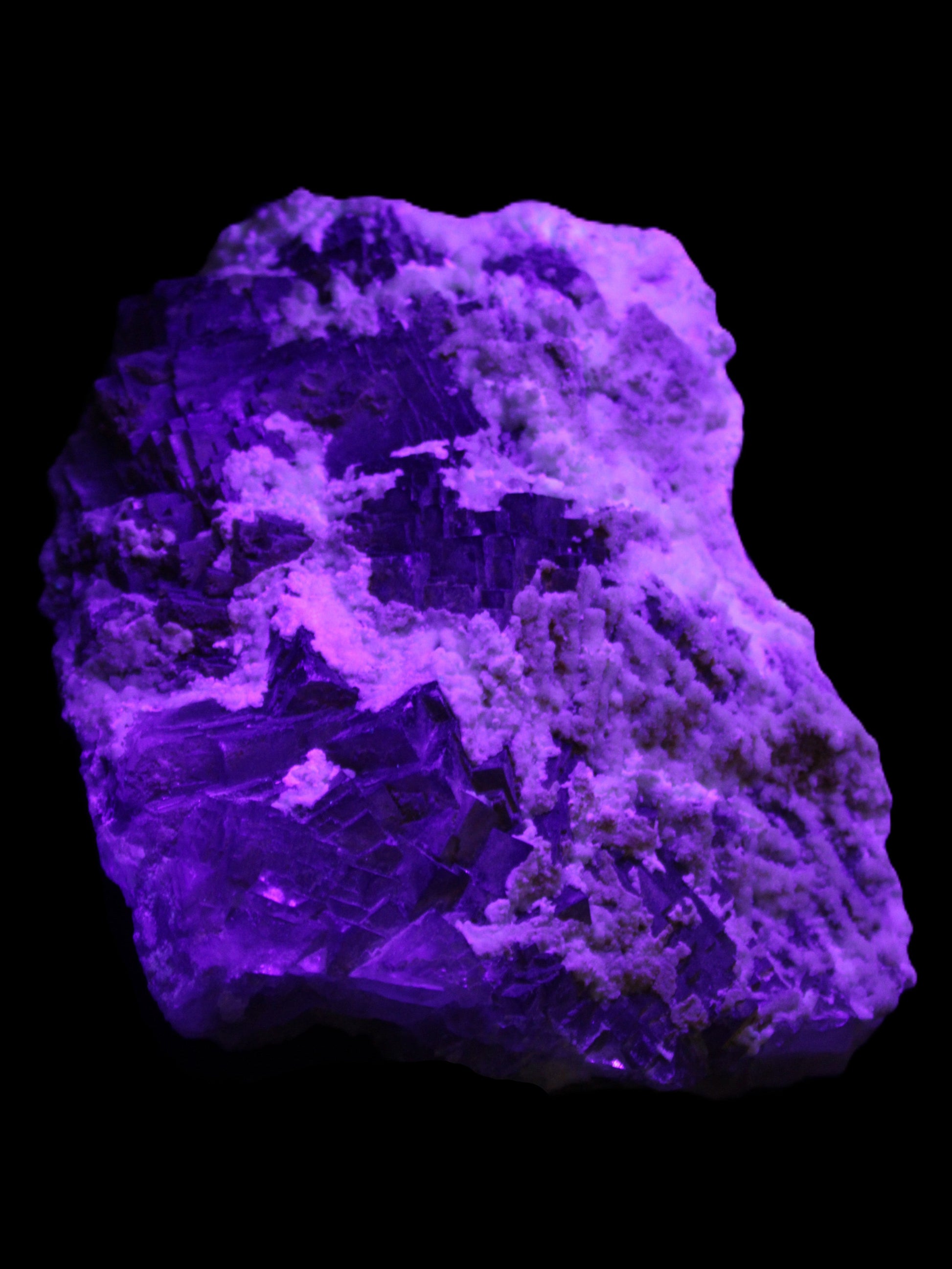 Complex stepped Fluorite cluster 173*141*85mm 2772g in UV light - Rocks and Things Store