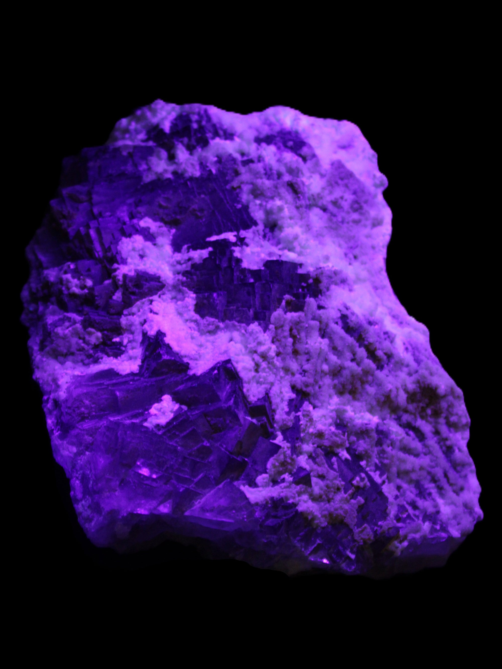 Complex stepped Fluorite cluster 173*141*85mm 2772g in UV light - Rocks and Things Store