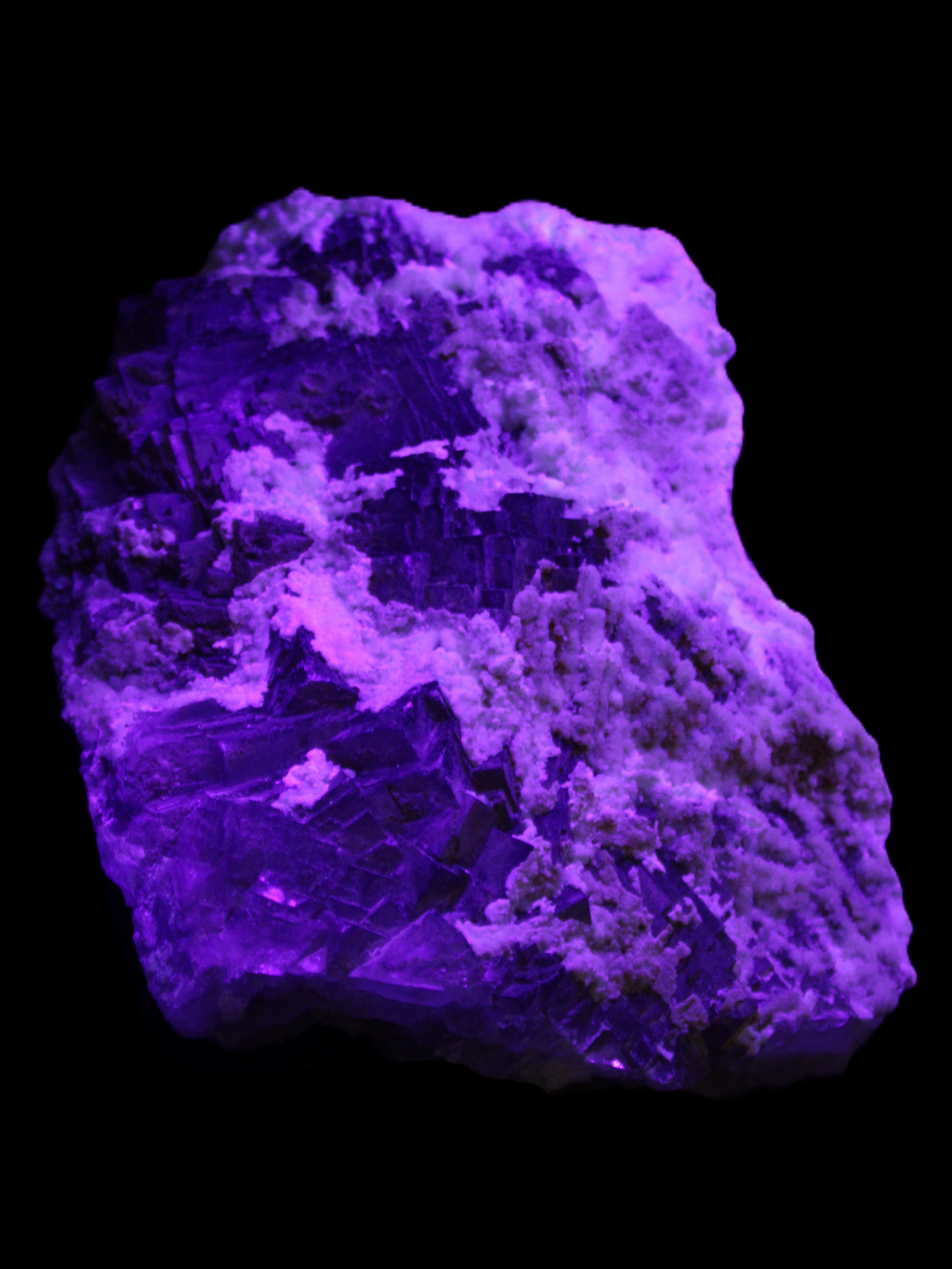 Complex stepped Fluorite cluster 173*141*85mm 2772g in UV light - Rocks and Things Store