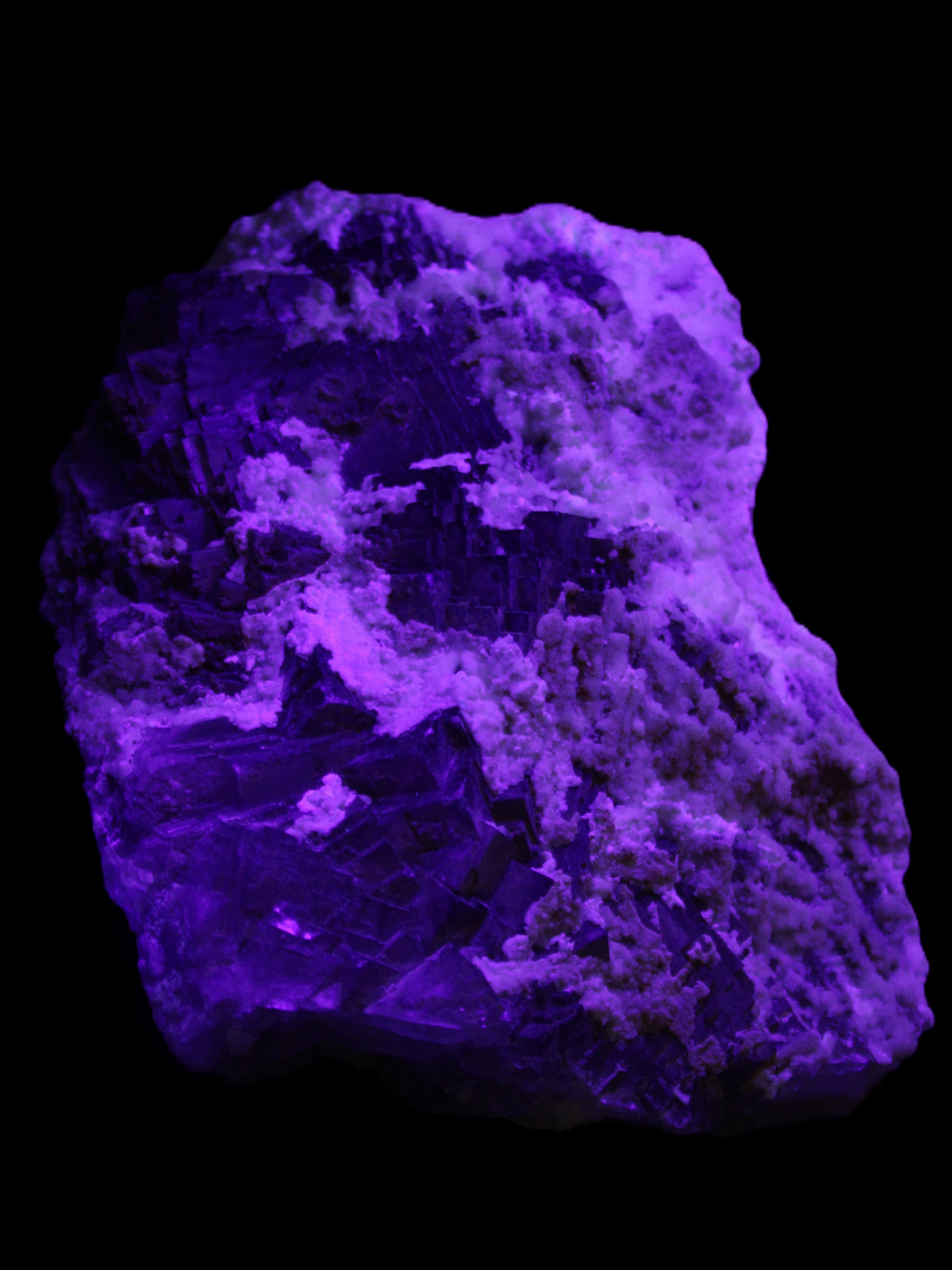 Complex stepped Fluorite cluster 173*141*85mm 2772g in UV light - Rocks and Things Store