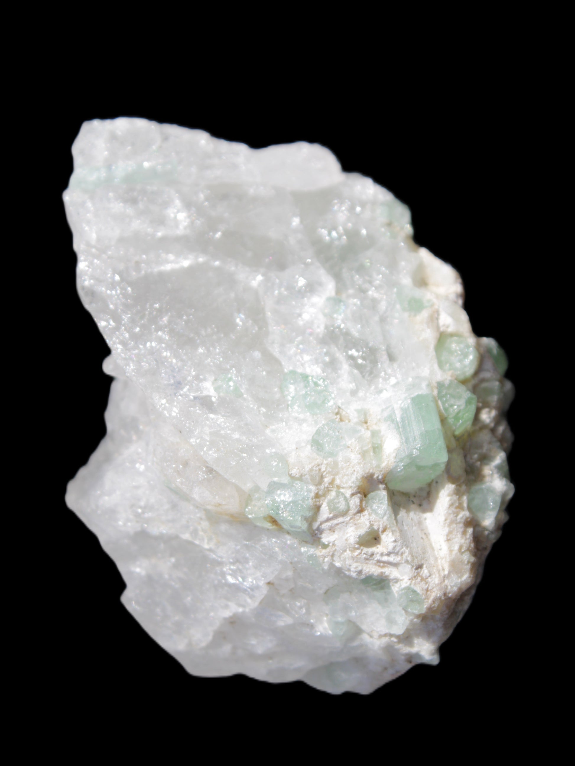 Green Tourmaline on Quartz from Skardu, Pakistan 63*24*43mm 90.8g in sunlight - Rocks and Things Store