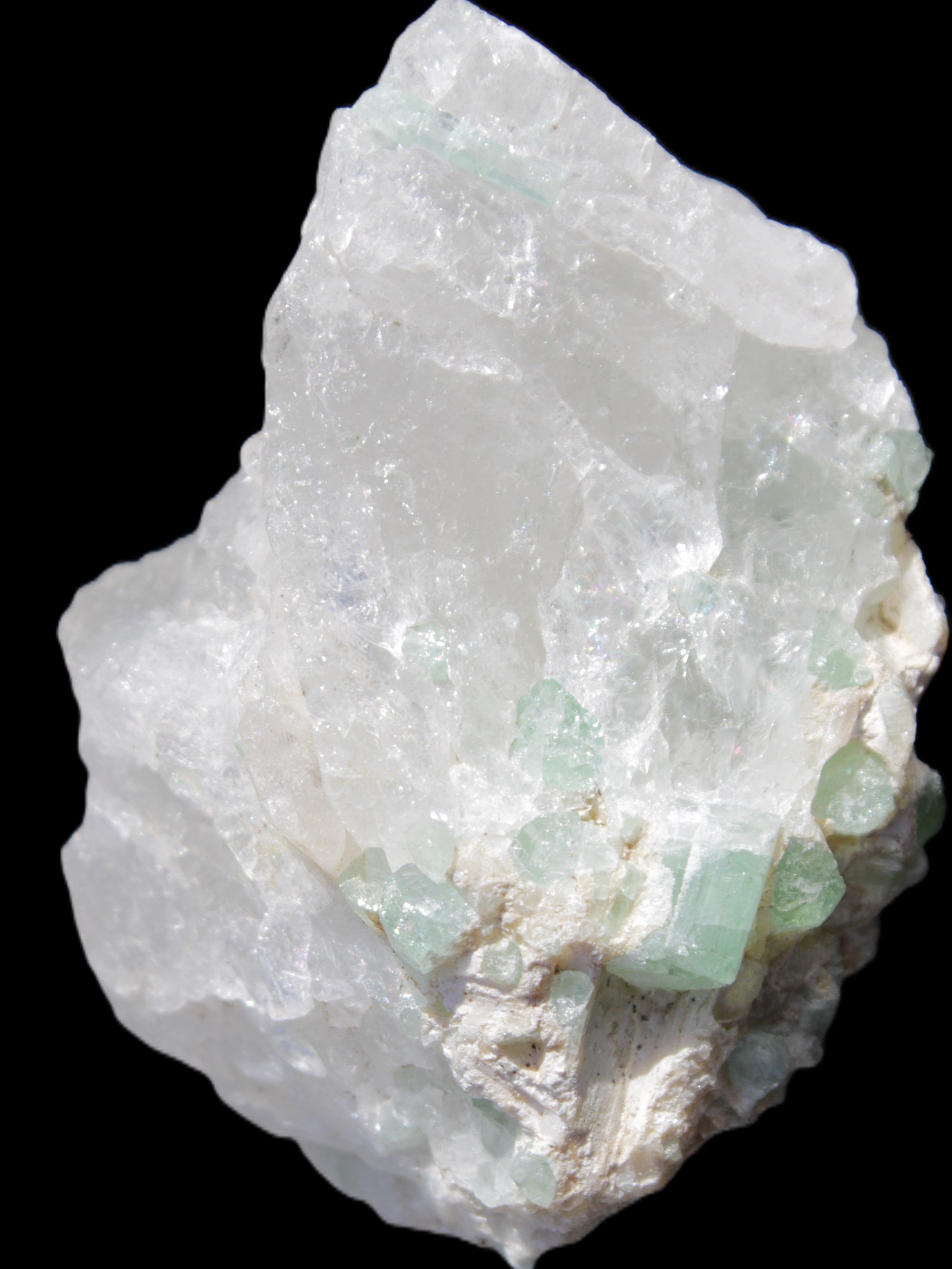 Green Tourmaline on Quartz from Skardu, Pakistan 63*24*43mm 90.8g in sunlight - Rocks and Things Store