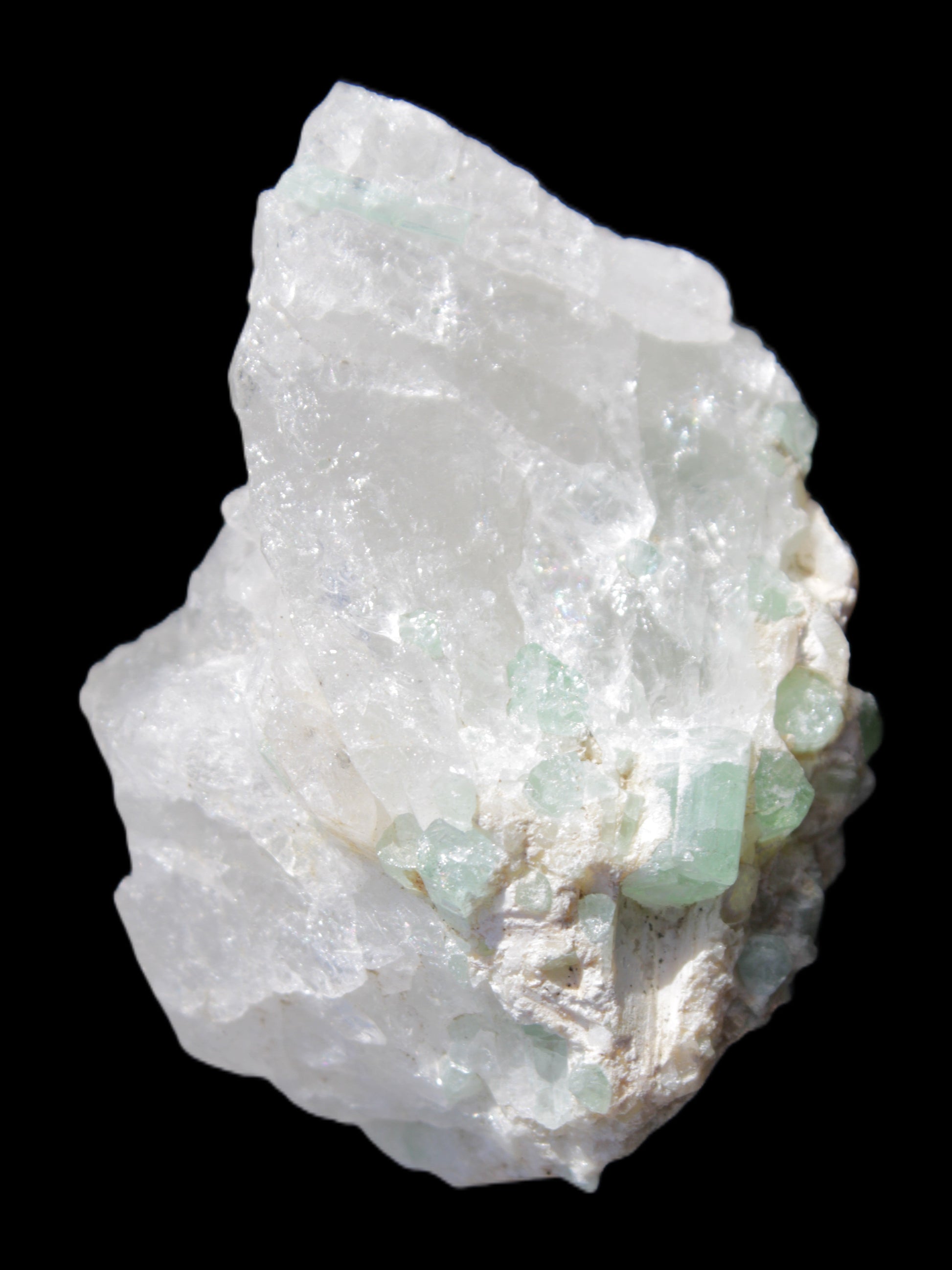 Green Tourmaline on Quartz from Skardu, Pakistan 63*24*43mm 90.8g in sunlight - Rocks and Things Store