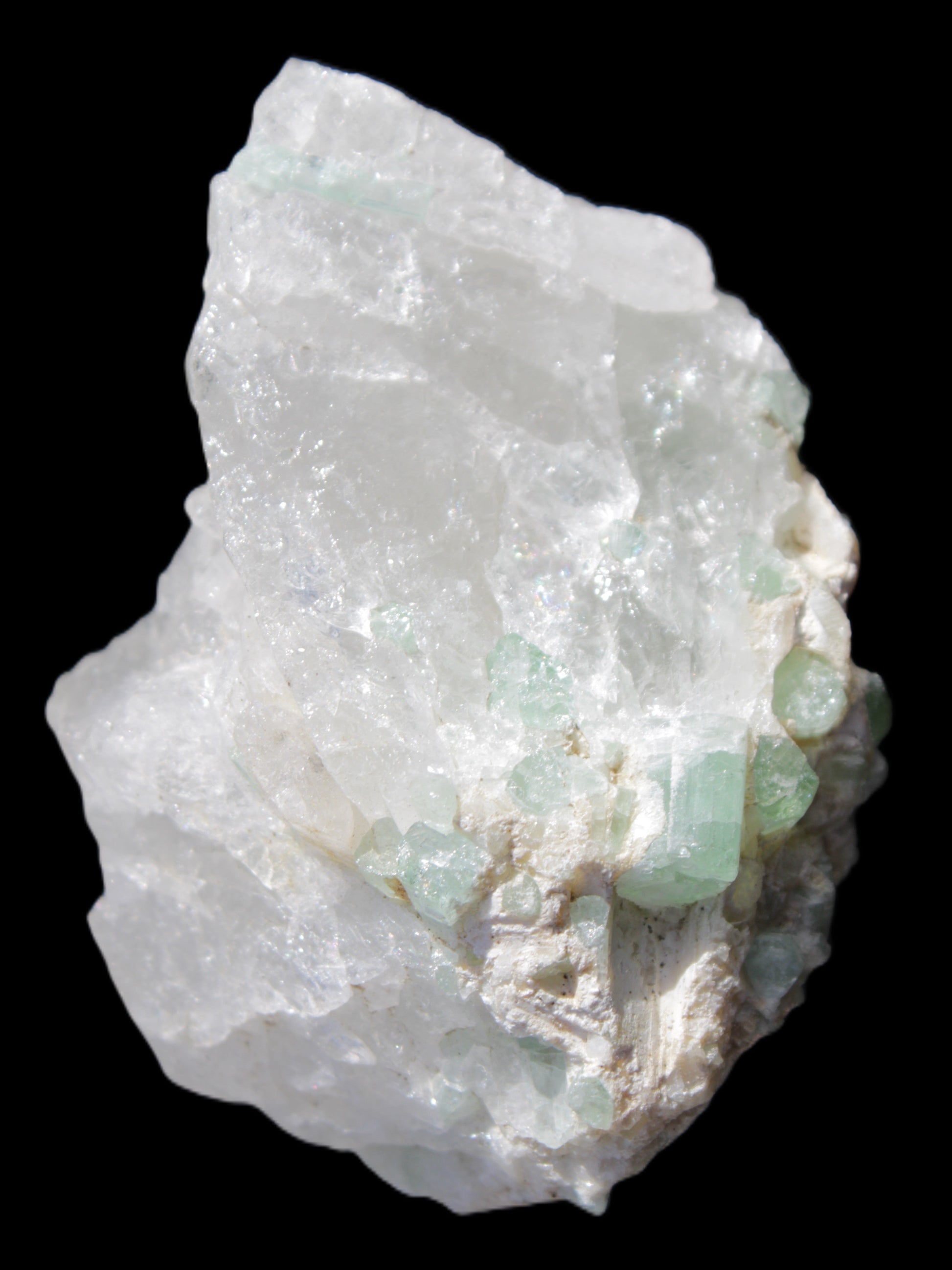 Green Tourmaline on Quartz from Skardu, Pakistan 63*24*43mm 90.8g in sunlight - Rocks and Things Store