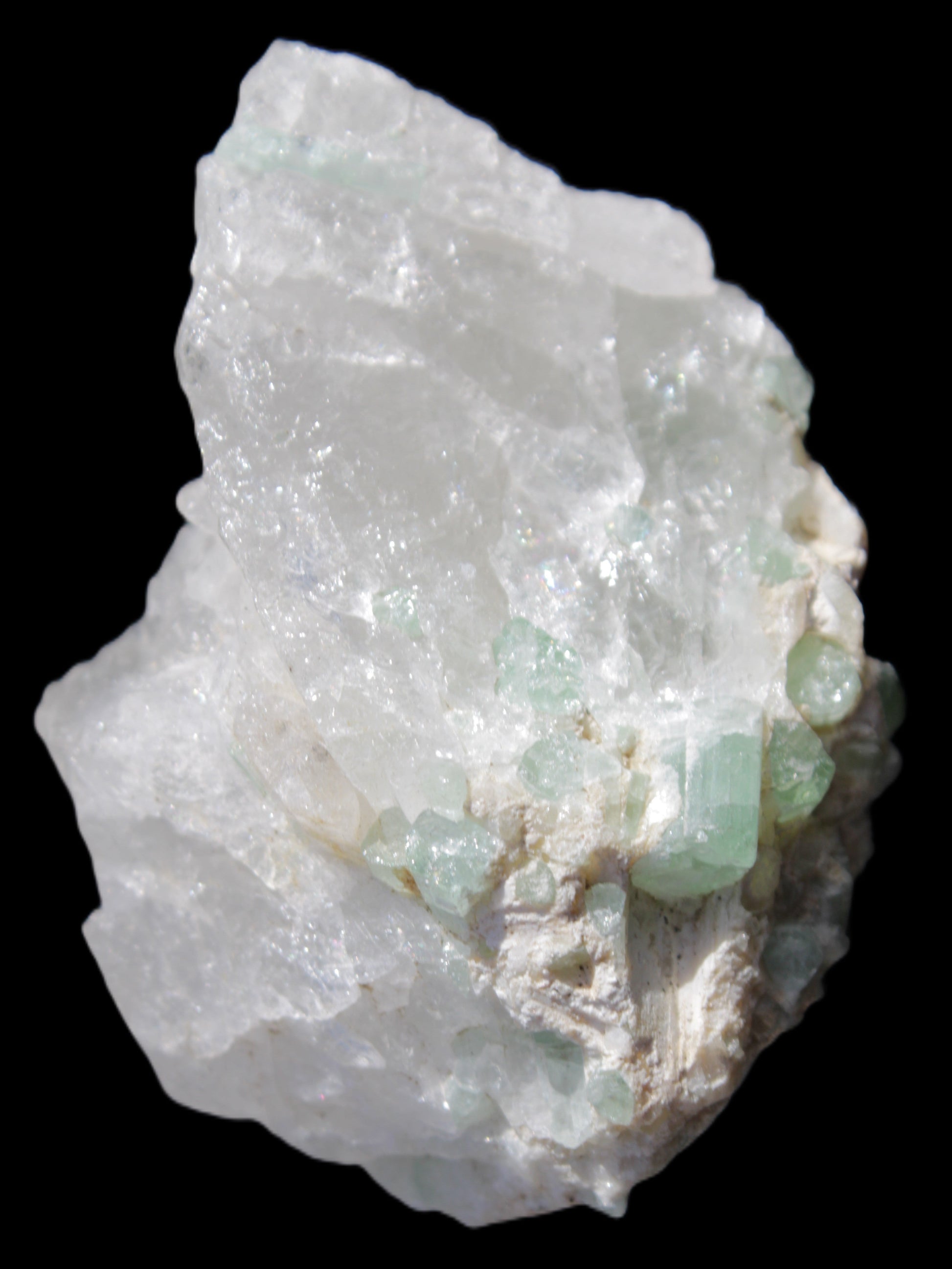 Green Tourmaline on Quartz from Skardu, Pakistan 63*24*43mm 90.8g in sunlight - Rocks and Things Store