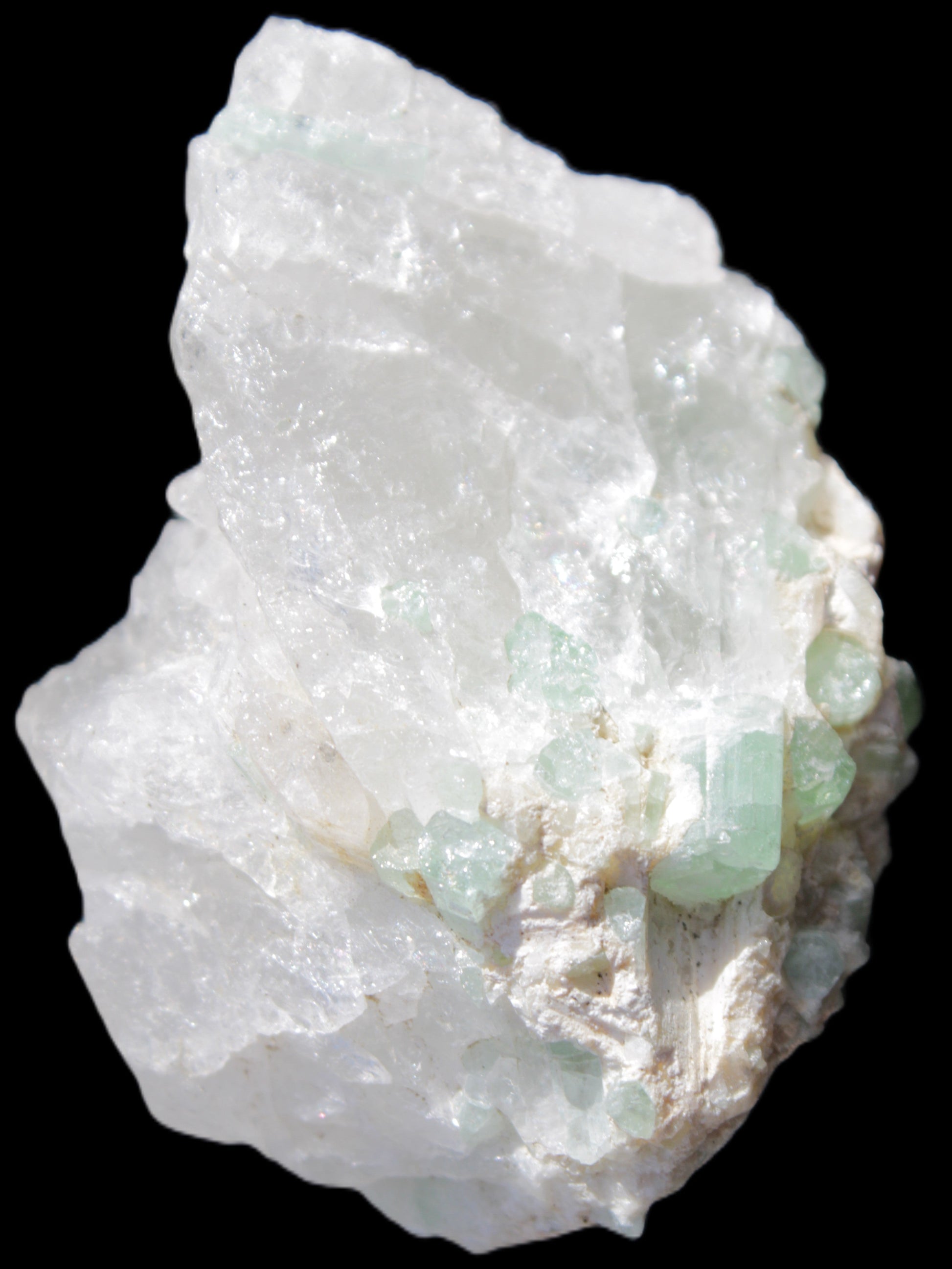 Green Tourmaline on Quartz from Skardu, Pakistan 63*24*43mm 90.8g in sunlight - Rocks and Things Store