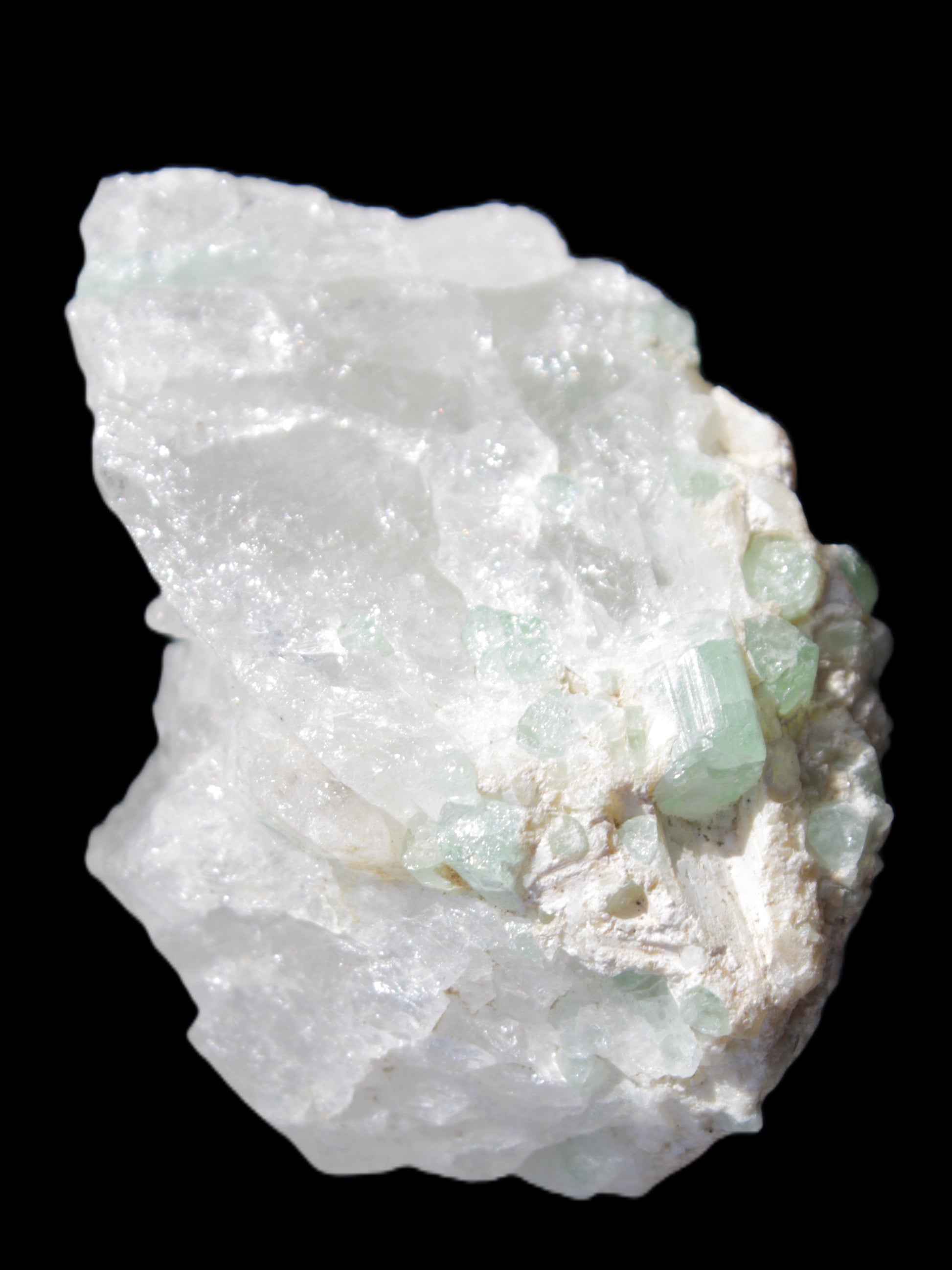 Green Tourmaline on Quartz from Skardu, Pakistan 63*24*43mm 90.8g in sunlight - Rocks and Things Store