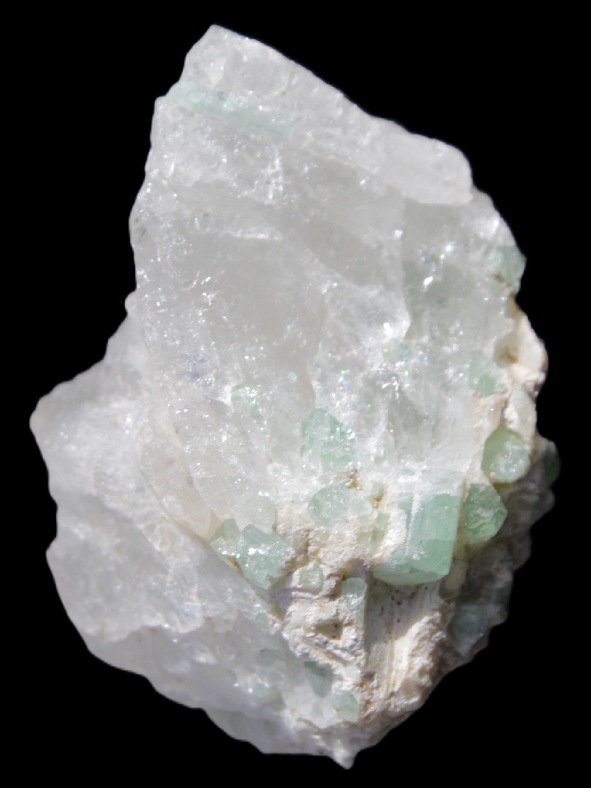 Green Tourmaline on Quartz from Skardu, Pakistan 63*24*43mm 90.8g in sunlight - Rocks and Things Store