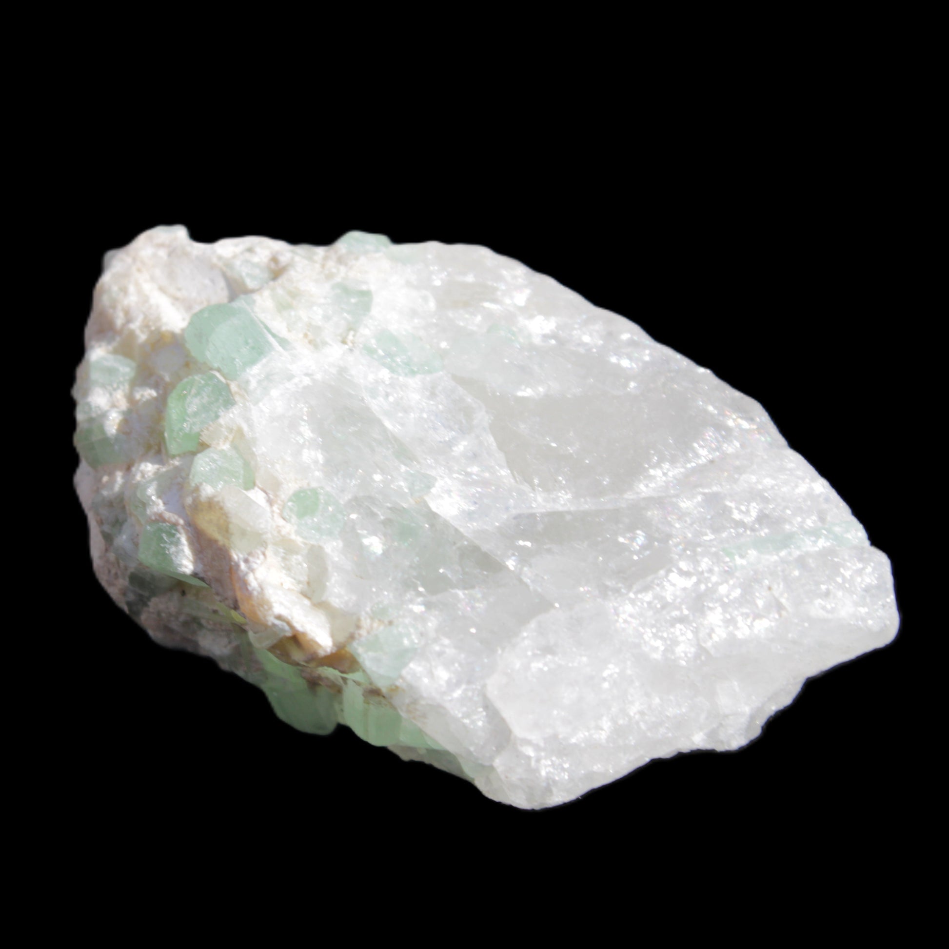 Green Tourmaline on Quartz from Skardu, Pakistan 63*24*43mm 90.8g in sunlight - Rocks and Things Store