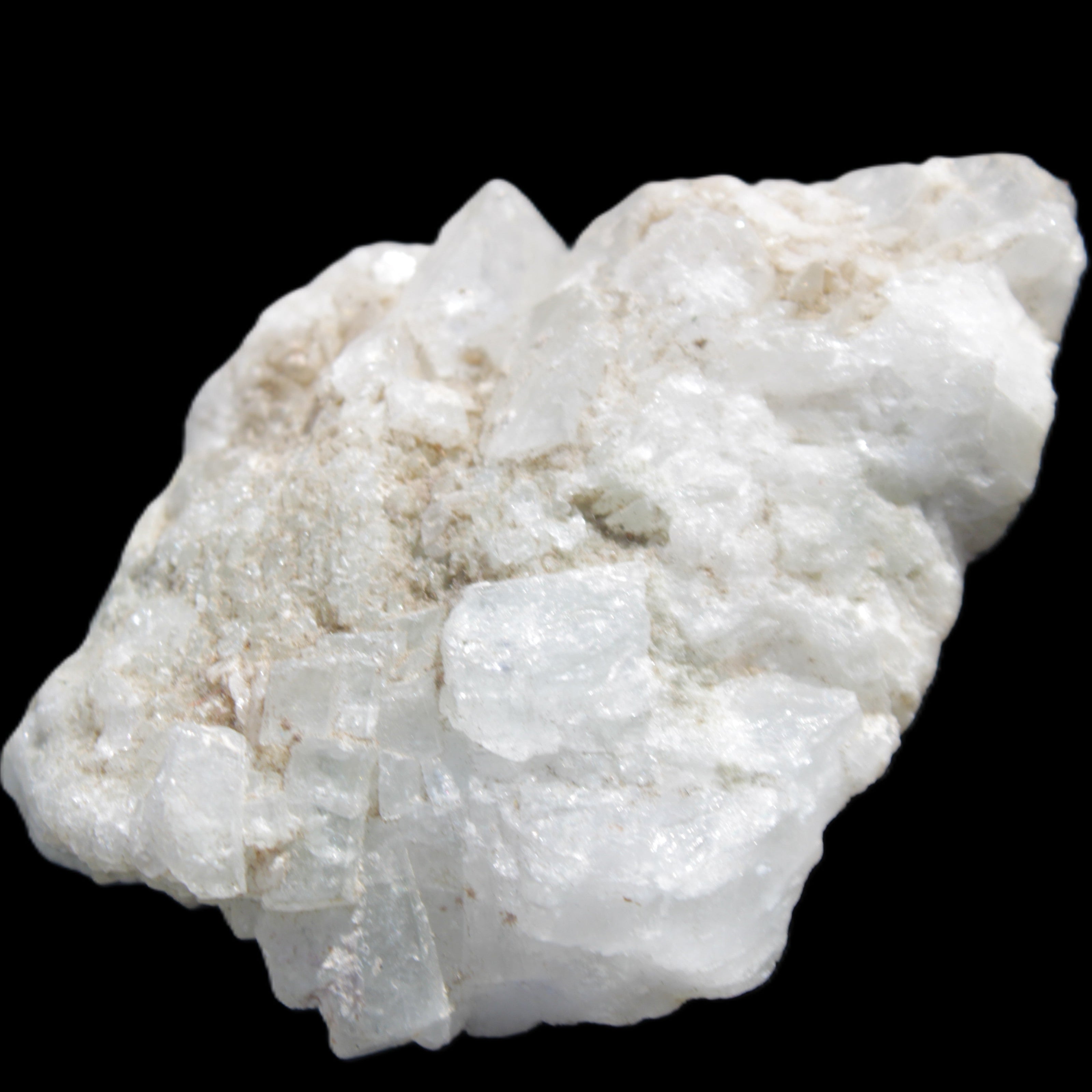 Chaotic Aquamarine cluster with Mica 70*28*46mm 72.1g in sunlight - Rocks and Things Store
