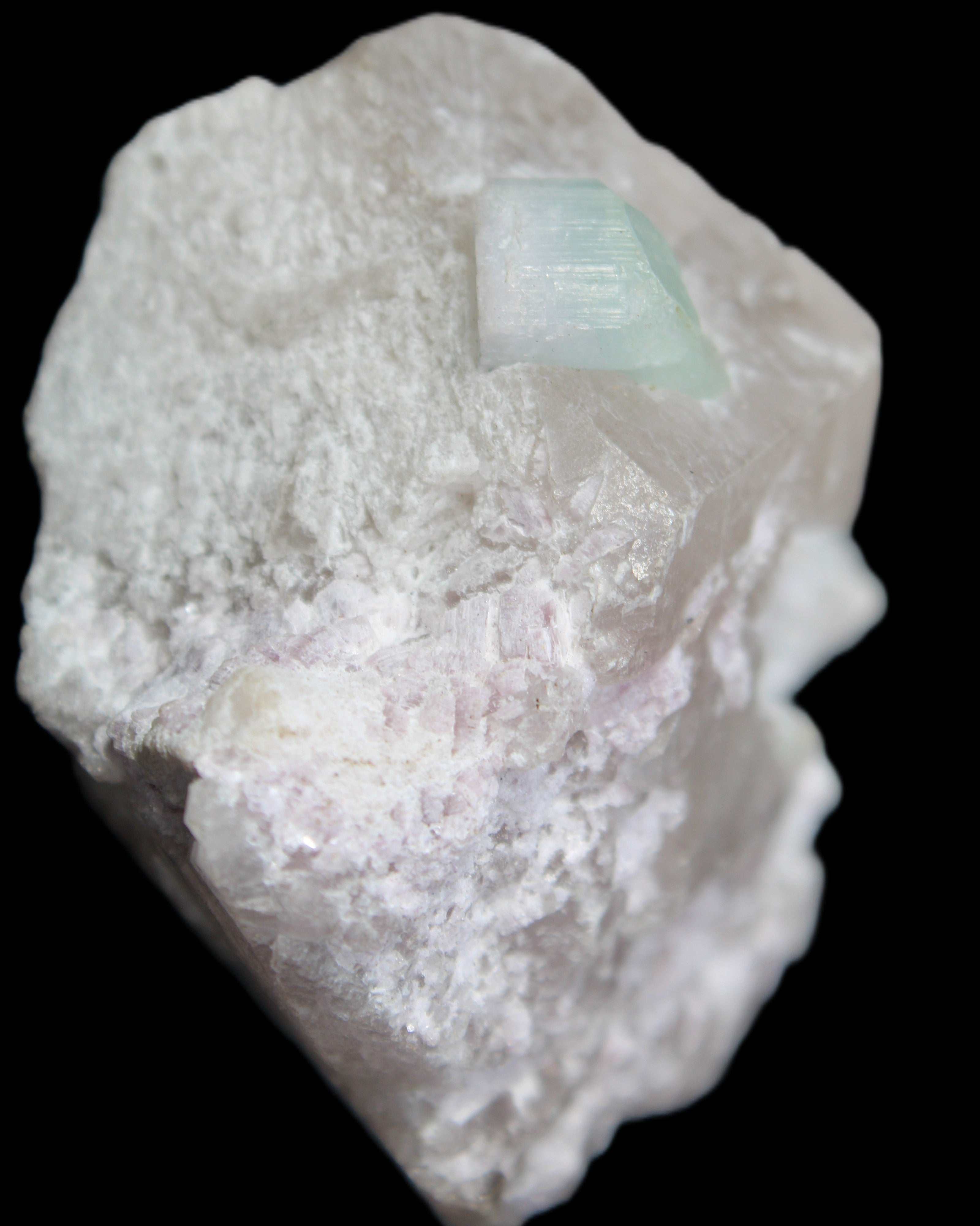 Aquamarine/Morganite crystal on Quartz and Mica matrix 47*45*29mm 420.5ct 84.1g in sunlight - Rocks and Things Store