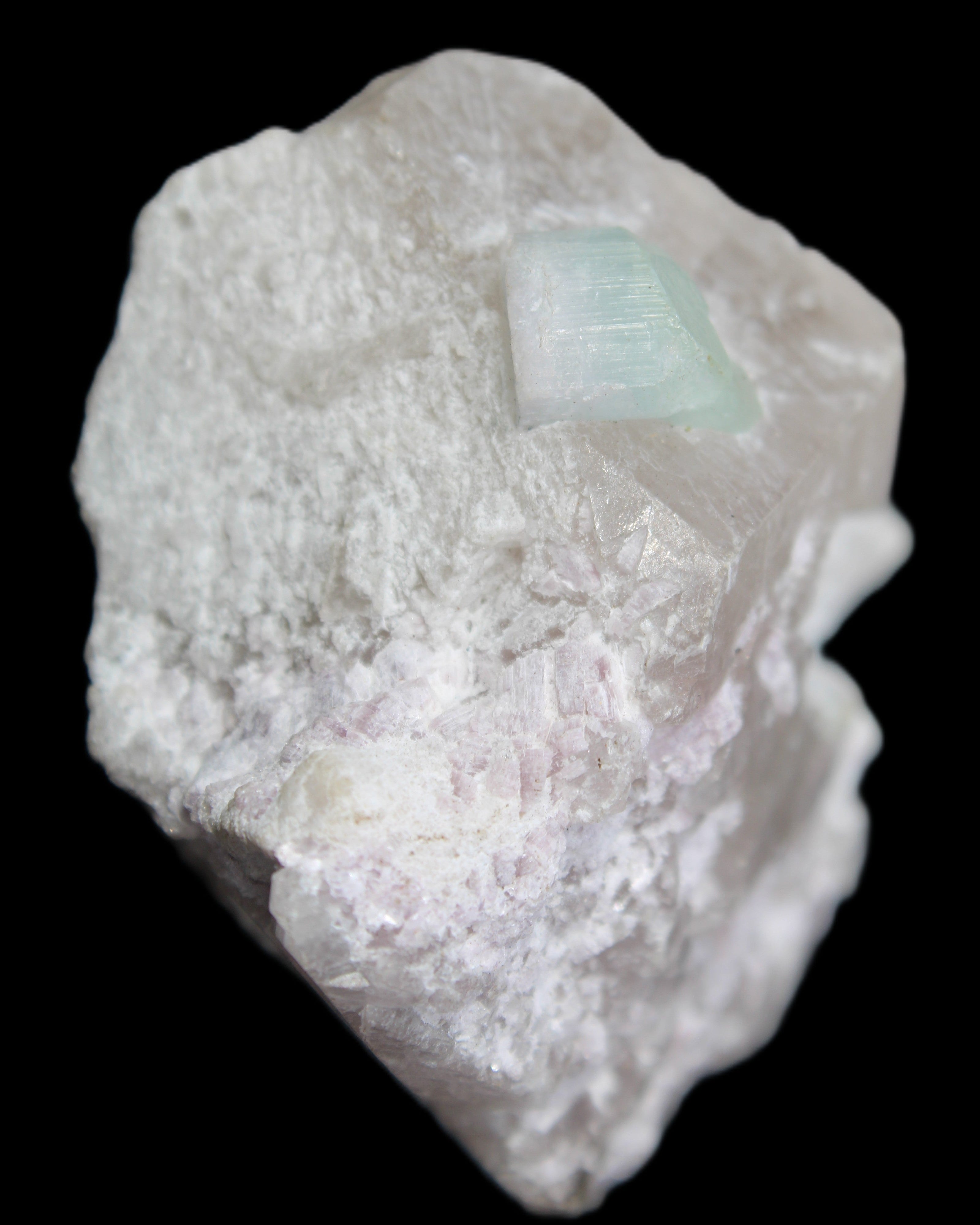 Aquamarine/Morganite crystal on Quartz and Mica matrix 47*45*29mm 420.5ct 84.1g in sunlight - Rocks and Things Store