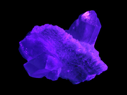 Elestial Quartz Soulmate cluster with Feldspar and Mica Bridge 424g in UV light
