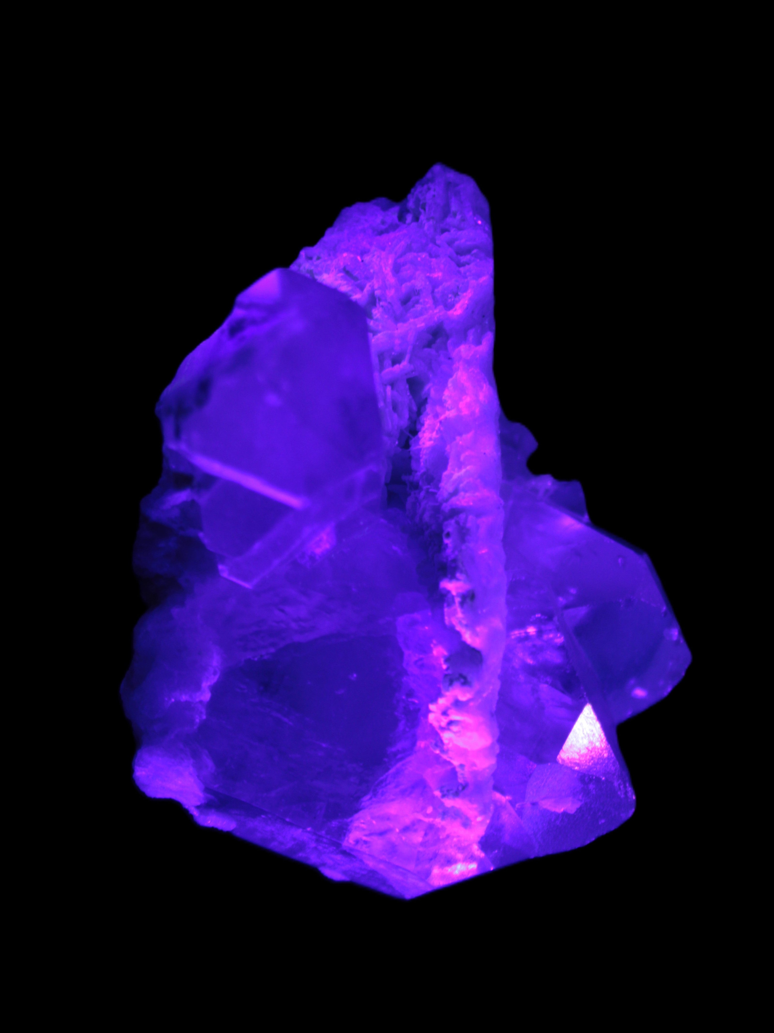 Elestial Quartz Soulmate cluster with Feldspar and Mica Bridge 424g in UV light - Rocks and Things Store