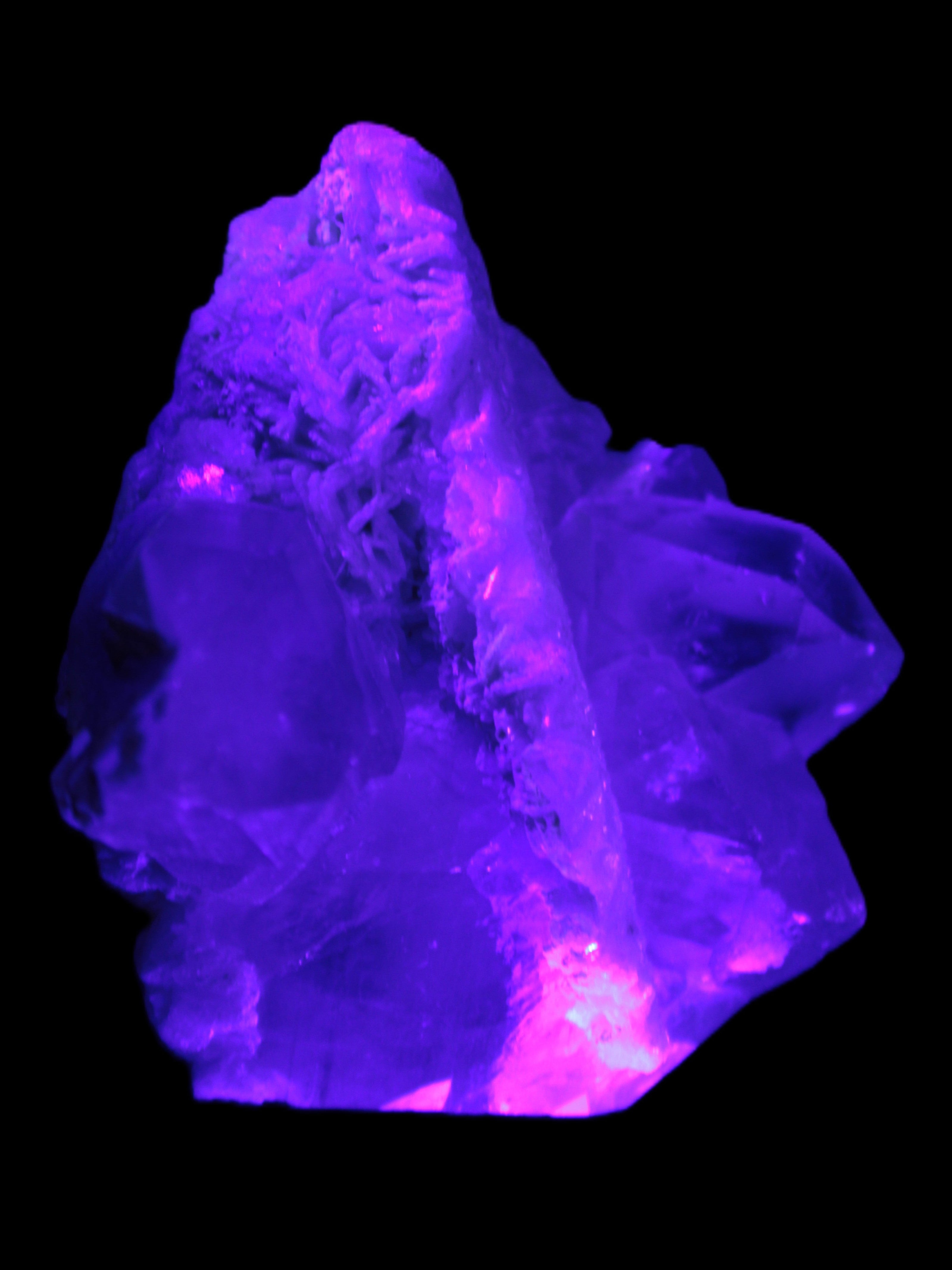 Elestial Quartz Soulmate cluster with Feldspar and Mica Bridge 424g in UV light - Rocks and Things Store